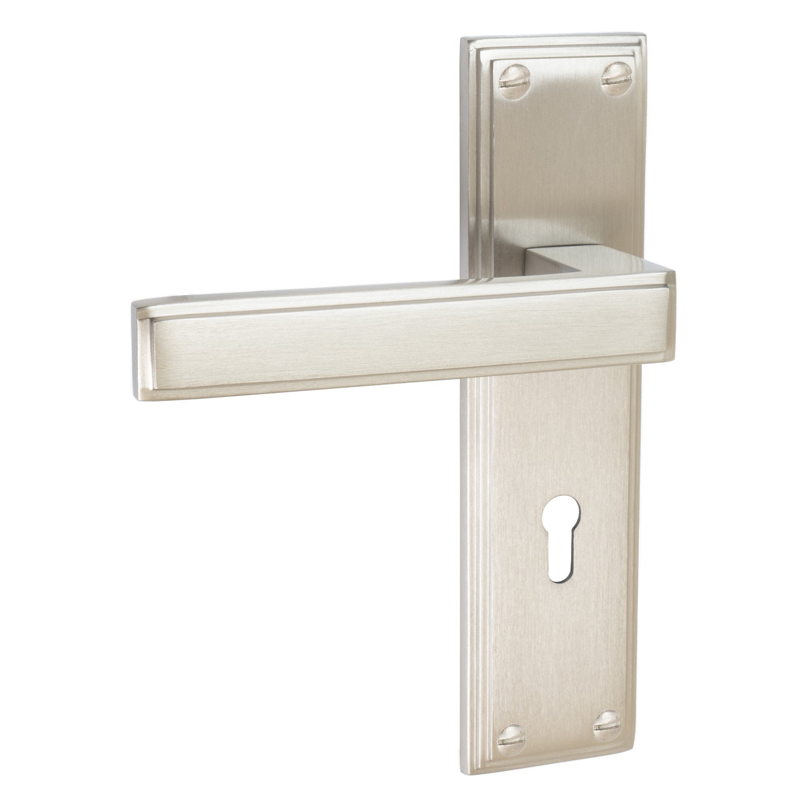 Atlantis Door Handles On Plate Lock Handle in Satin Nickel