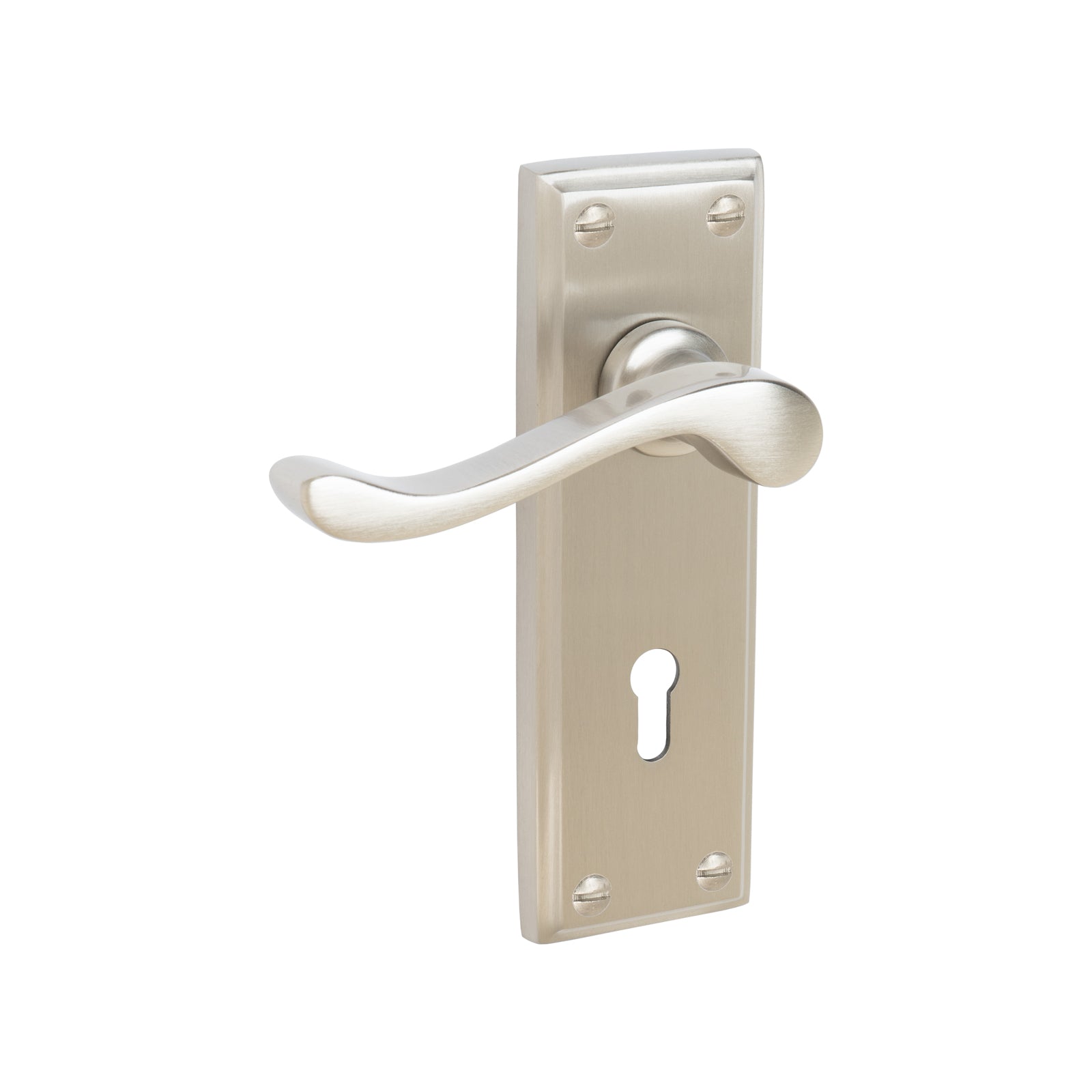 Edwardian Door Handles On Plate Lock Handle in Satin Nickel