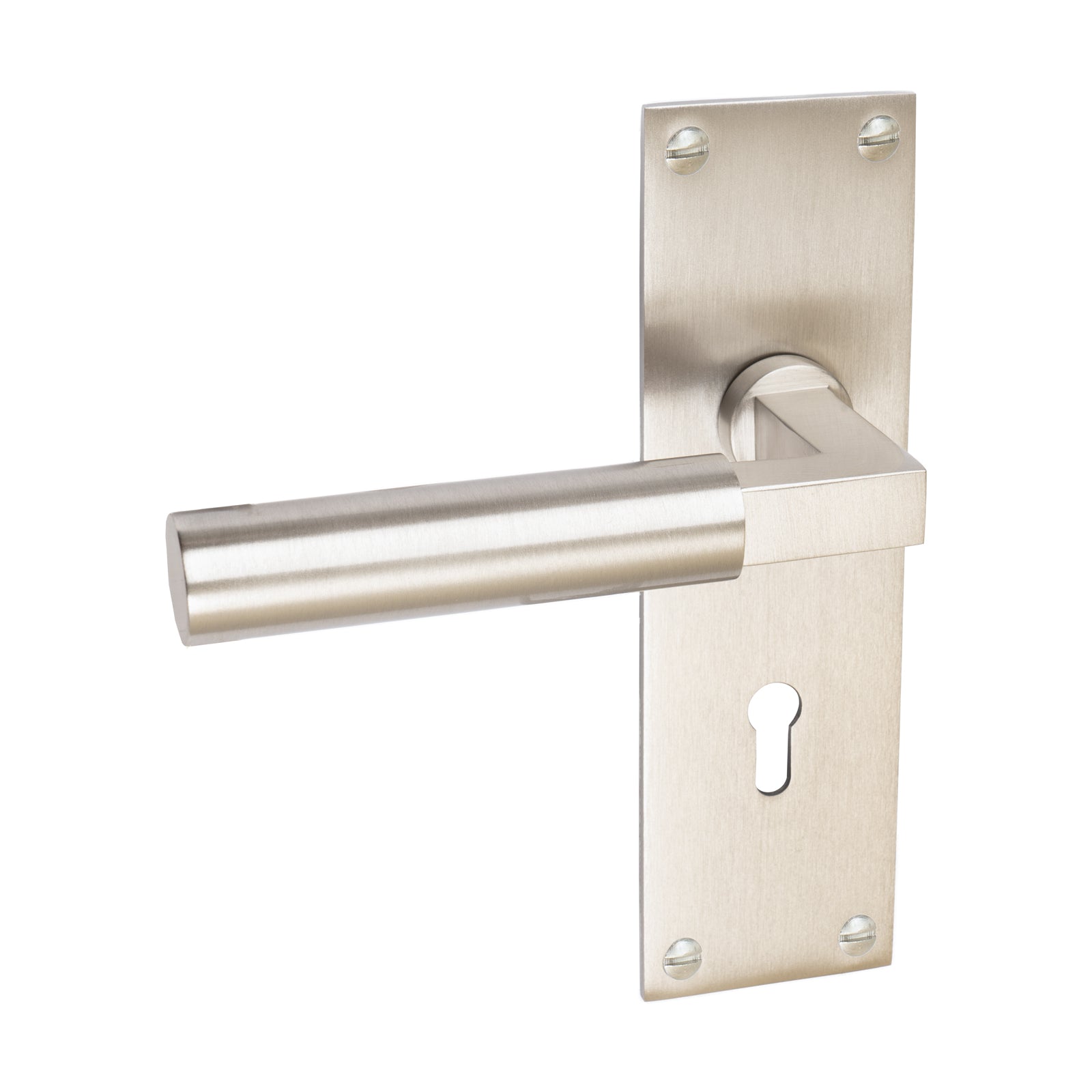 Bauhaus Door Handles On Plate Lock Handle in Satin Nickel