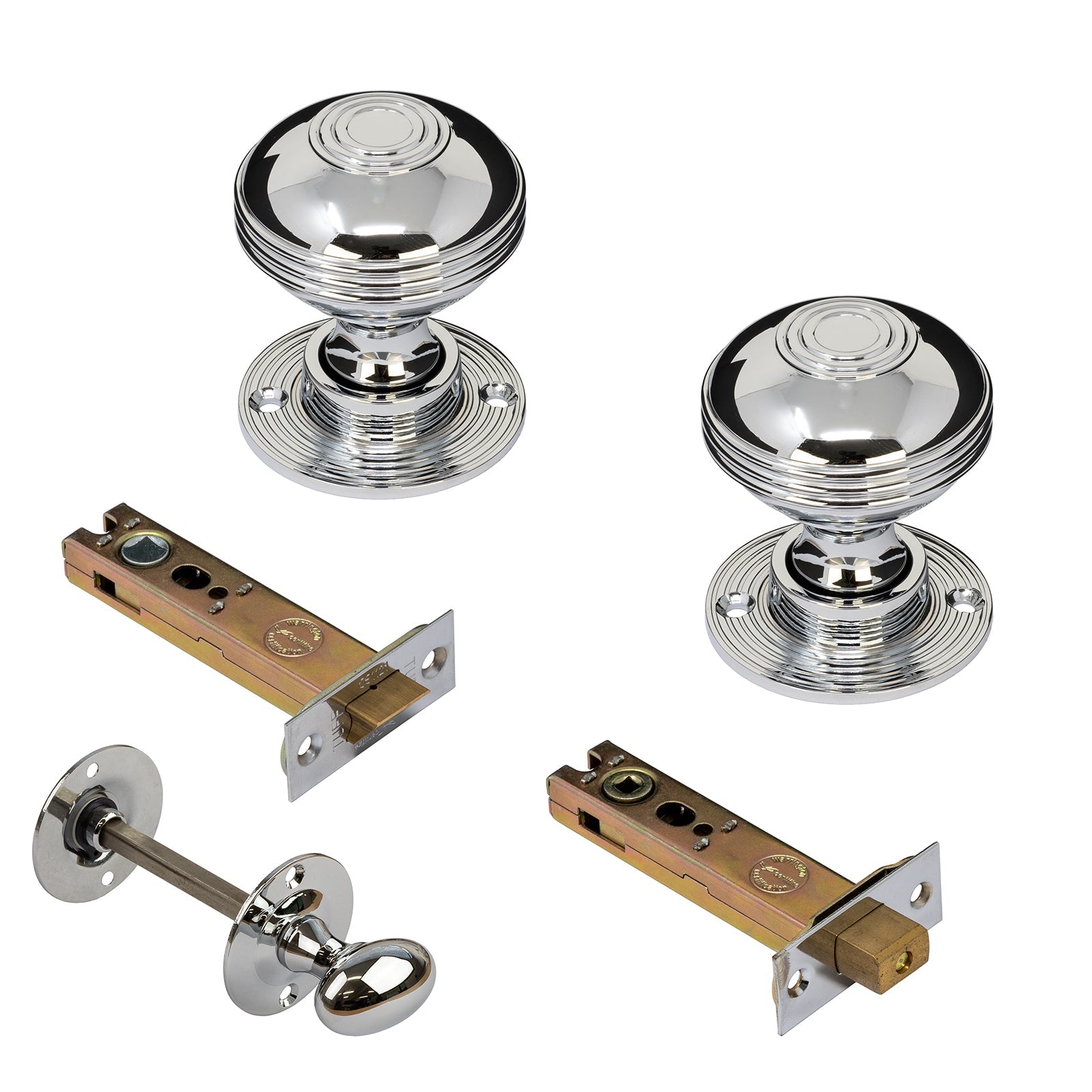 Ringed Chrome Door Knobs 4 inch Bathroom Set