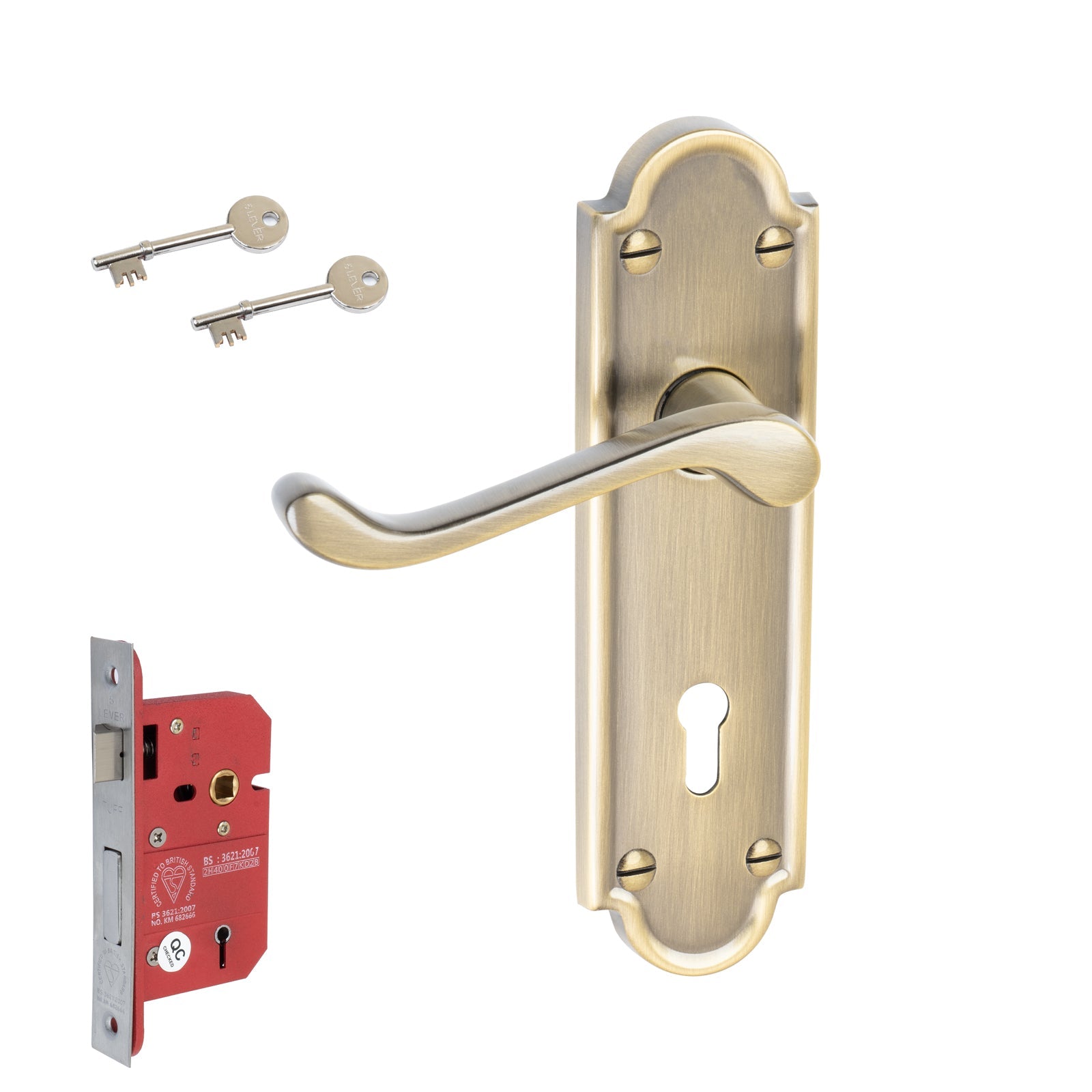 Meridian Door Handles On Plate 5 Lever Lock Handle Set in Aged Brass