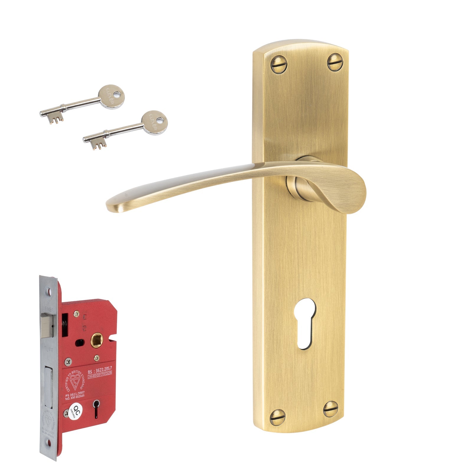 Diplomat Door Handles On Plate 5 Lever Lock Handle Set in Aged Brass