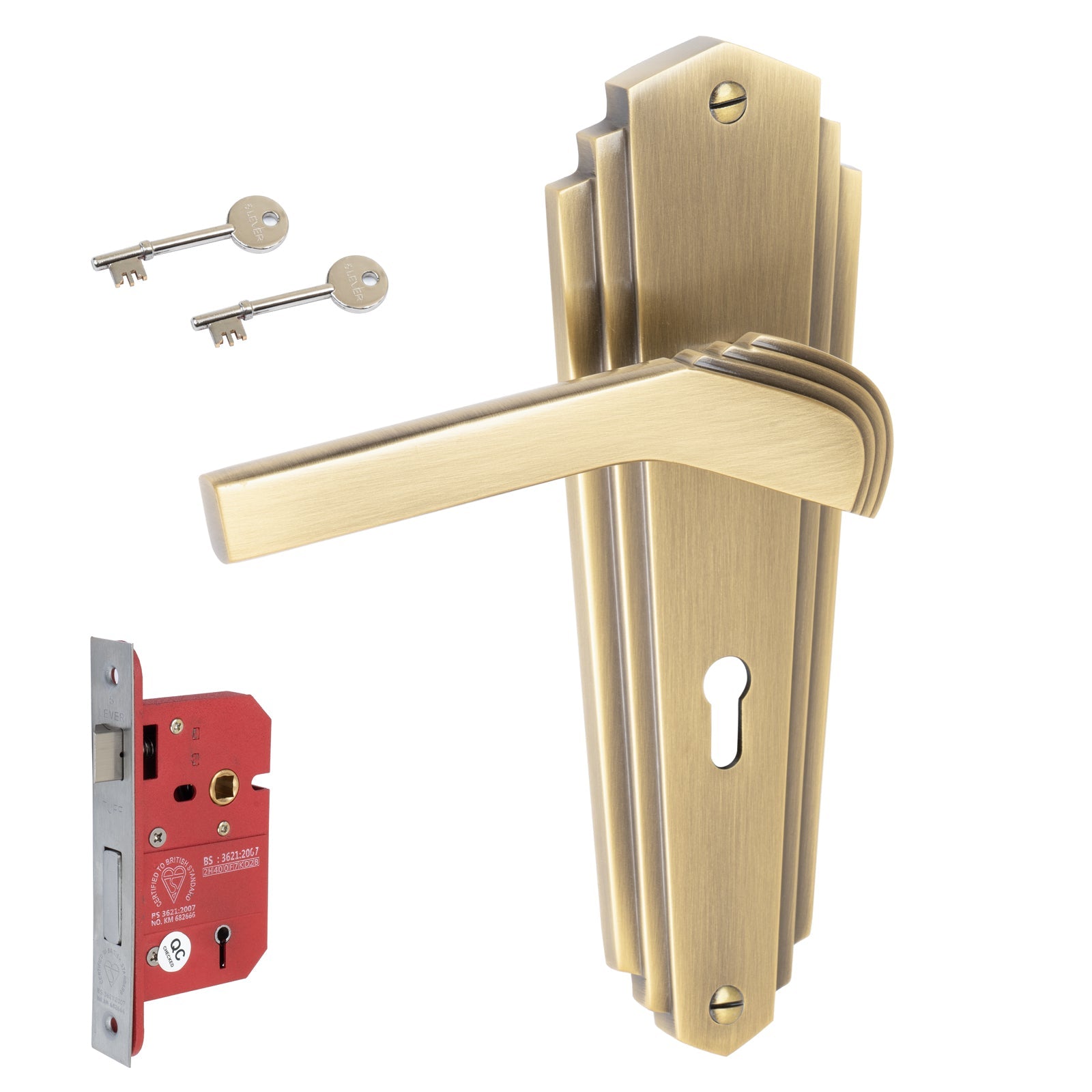 Waldorf Door Handles On Plate 5 Lever Lock Handle Set in Aged Brass