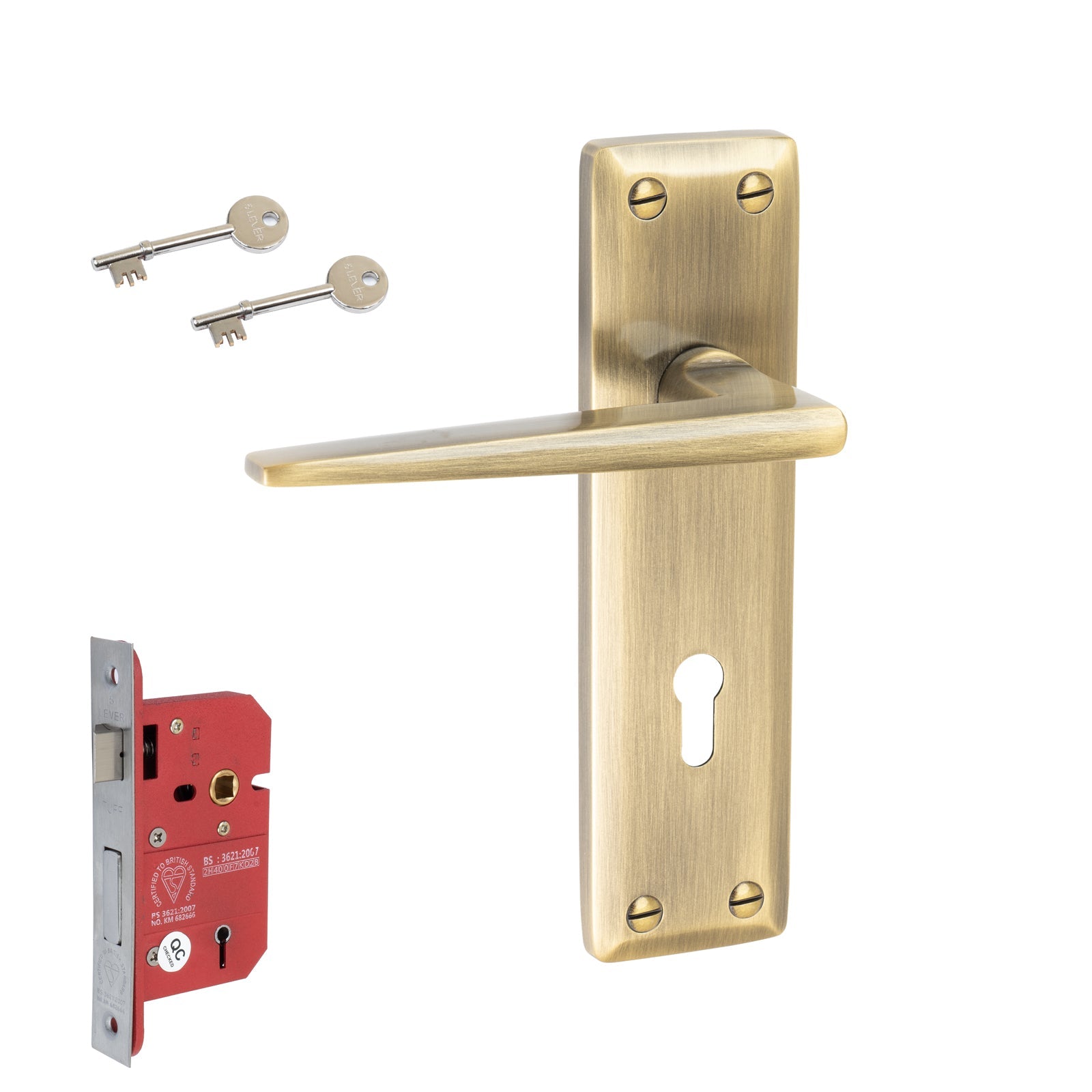 Kendal Door Handles On Plate 5 Lever Lock Handle Set in Aged Brass