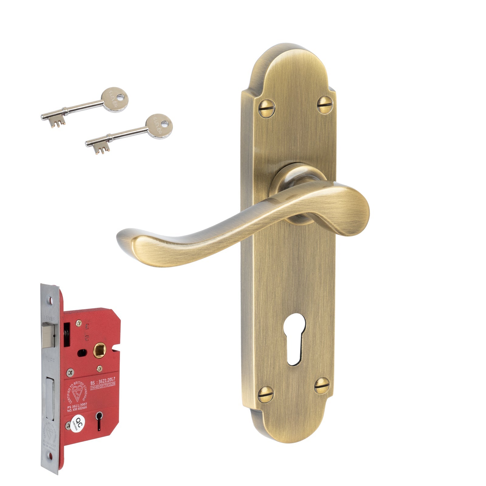 Savoy Door Handles On Plate 5 Lever Lock Handle Set in Aged Brass