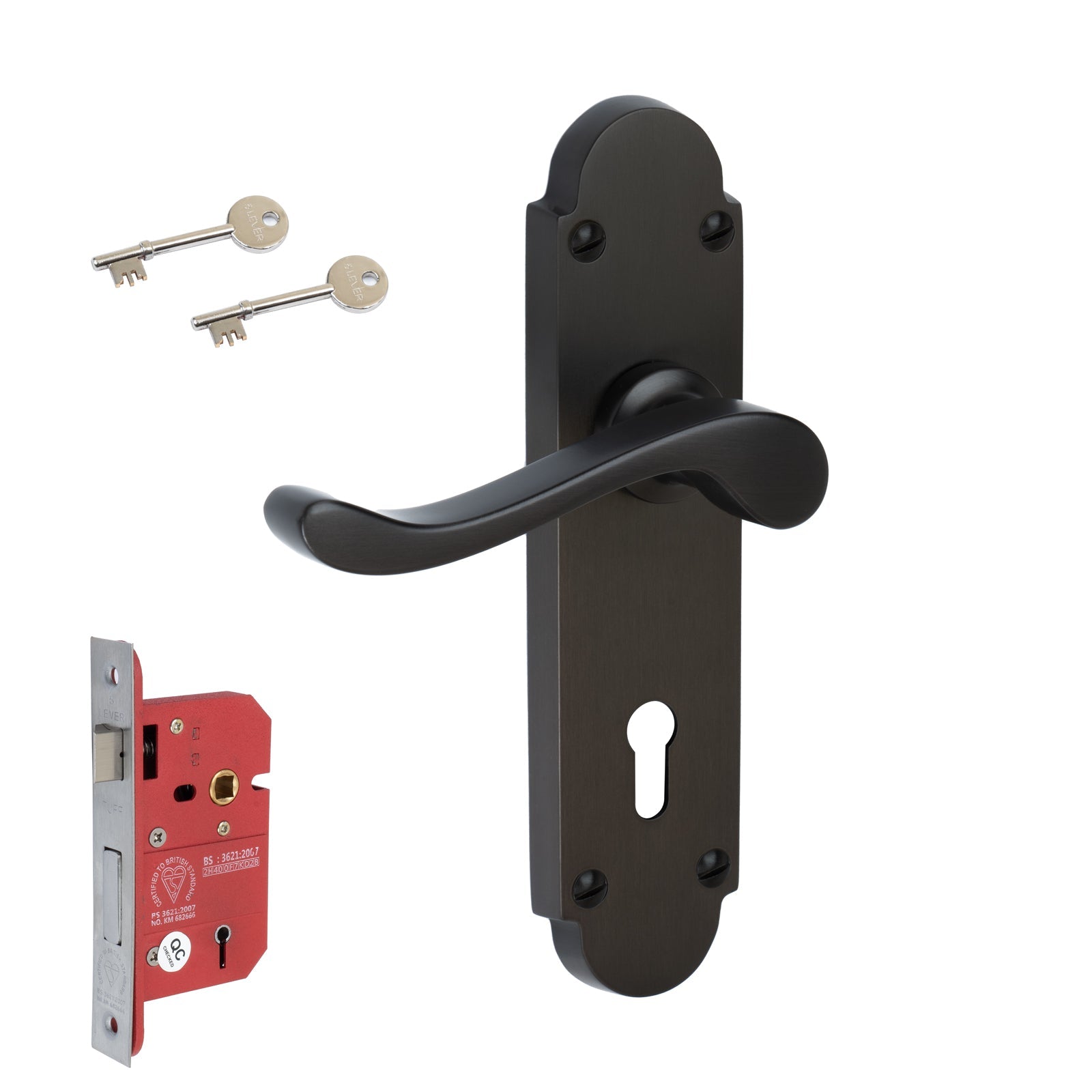 Savoy Door Handles On Plate 5 Lever Lock Handle Set in Matt Bronze