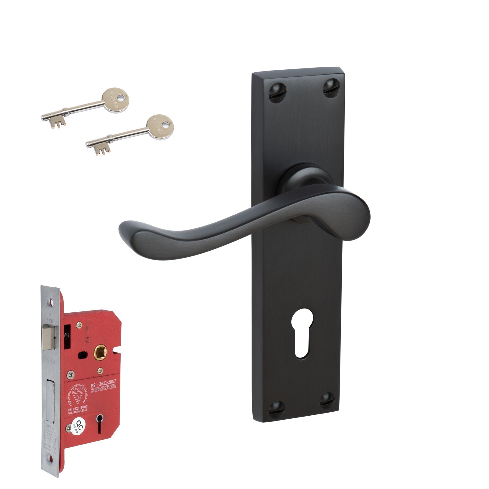 Bedford Door Handles On Plate 5 Lever Lock Handle Set in Matt Bronze