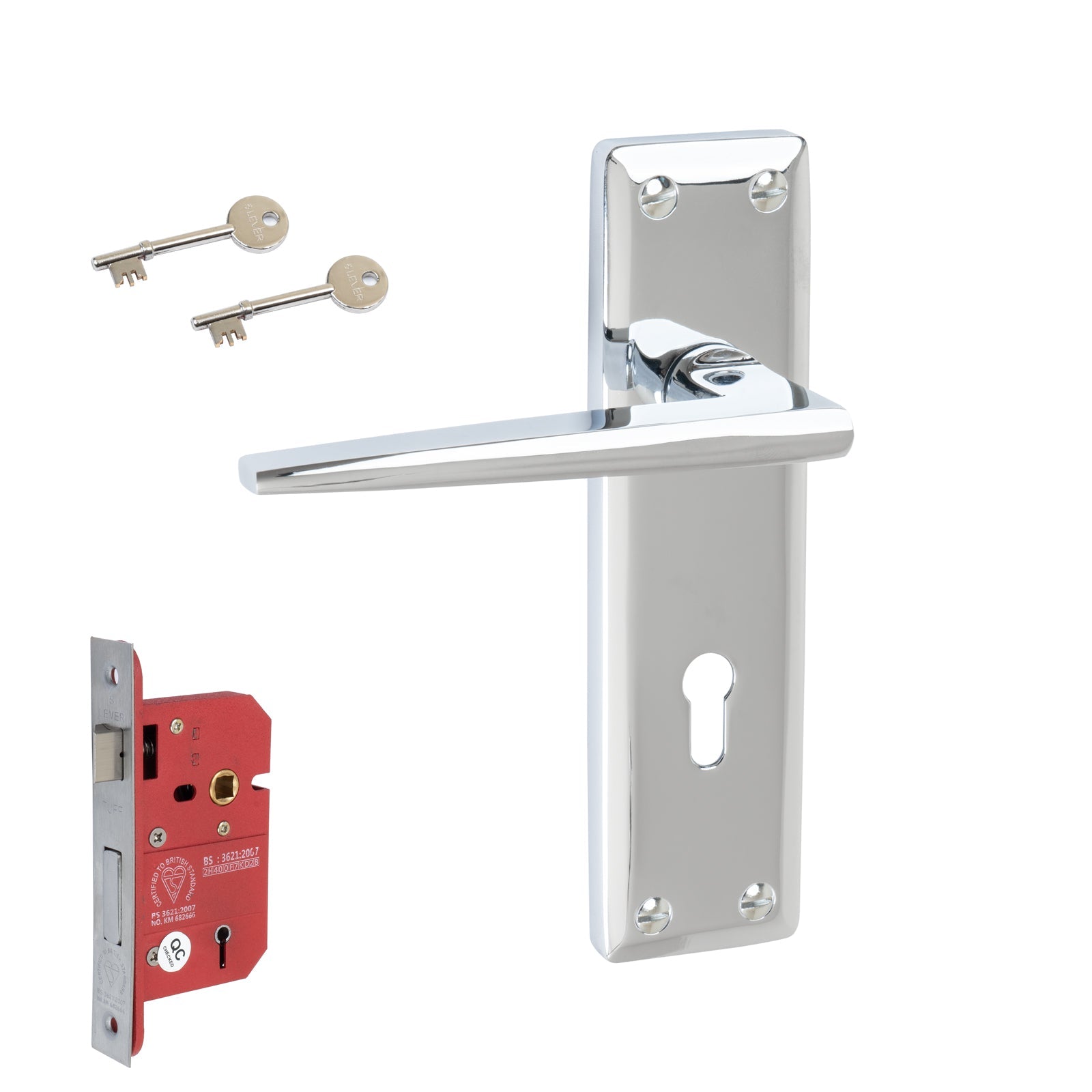 Kendal Door Handles On Plate 5 Lever Lock Handle Set in Polished Chrome