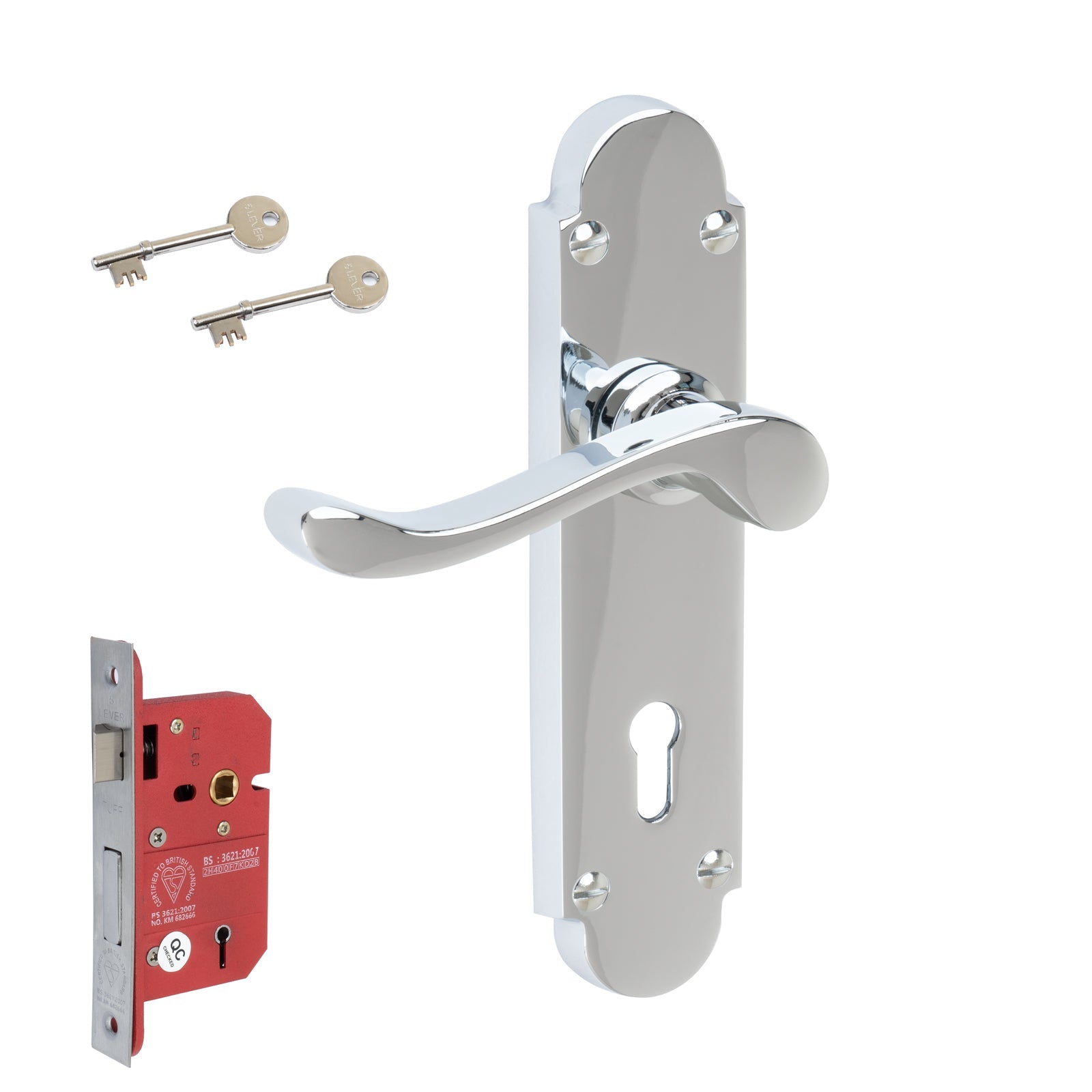 Savoy Door Handles On Plate 5 Lever Lock Handle Set in Polished Chrome