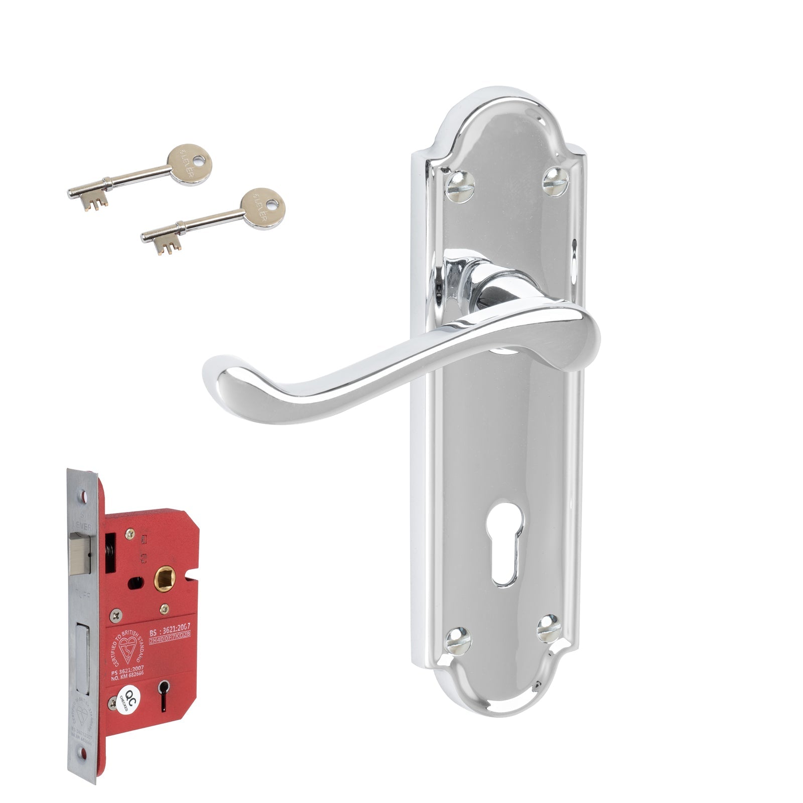 Meridian Door Handles On Plate 5 Lever Lock Handle Set in Polished Chrome