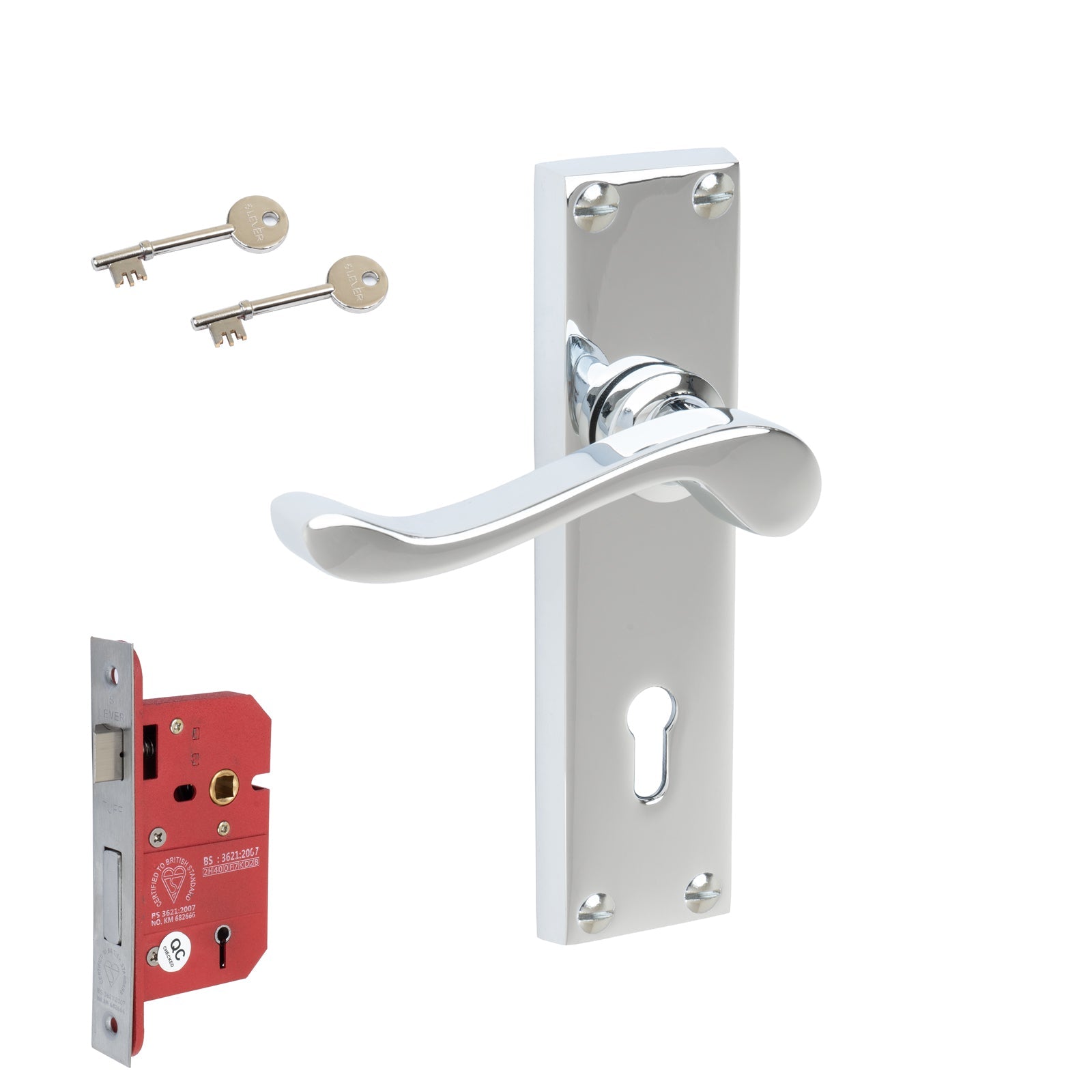 Bedford Door Handles On Plate 5 Lever Lock Handle Set in Polished Chrome