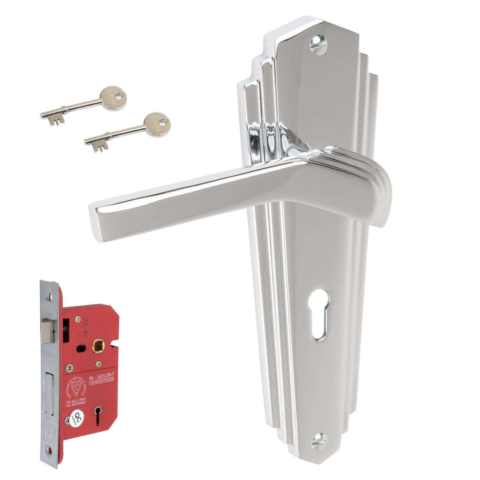 Waldorf Door Handles On Plate 5 Lever Lock Handle Set in Polished Chrome