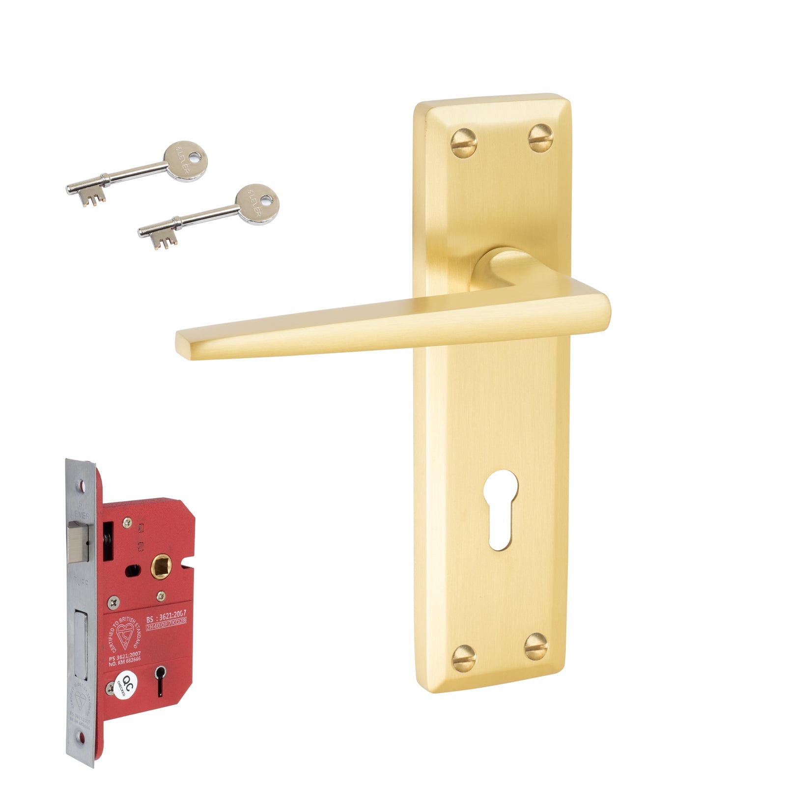 Kendal Door Handles On Plate 5 Lever Lock Handle Set in Satin Brass