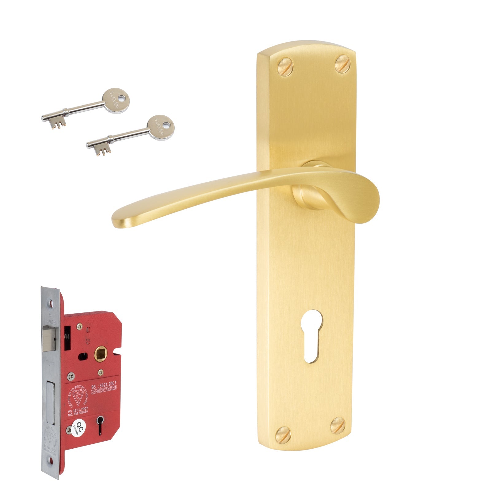 Diplomat Door Handles On Plate 5 Lever Lock Handle Set in Satin Brass