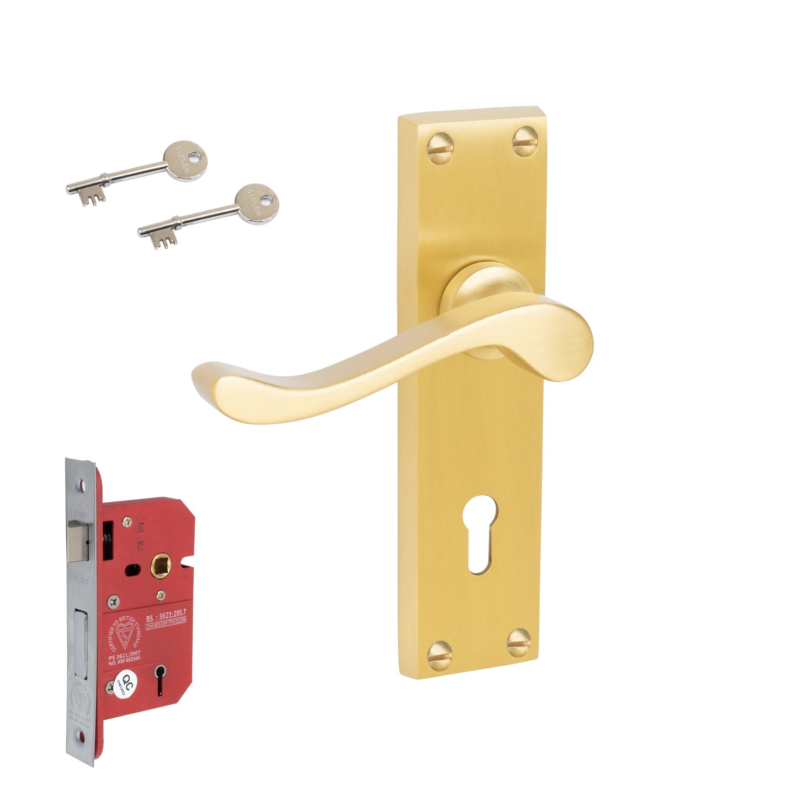 Bedford Door Handles On Plate 5 Lever Lock Handle Set in Satin Brass