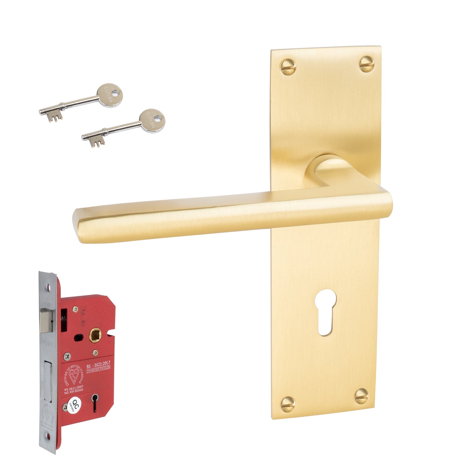 Trident Door Handles On Plate 5 Lever Lock Handle Set in Satin Brass