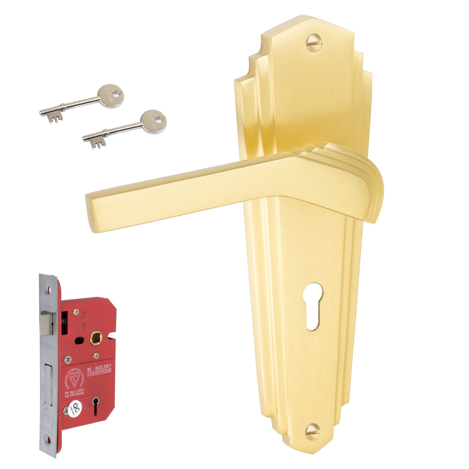 Waldorf Door Handles On Plate 5 Lever Lock Handle Set in Satin Brass