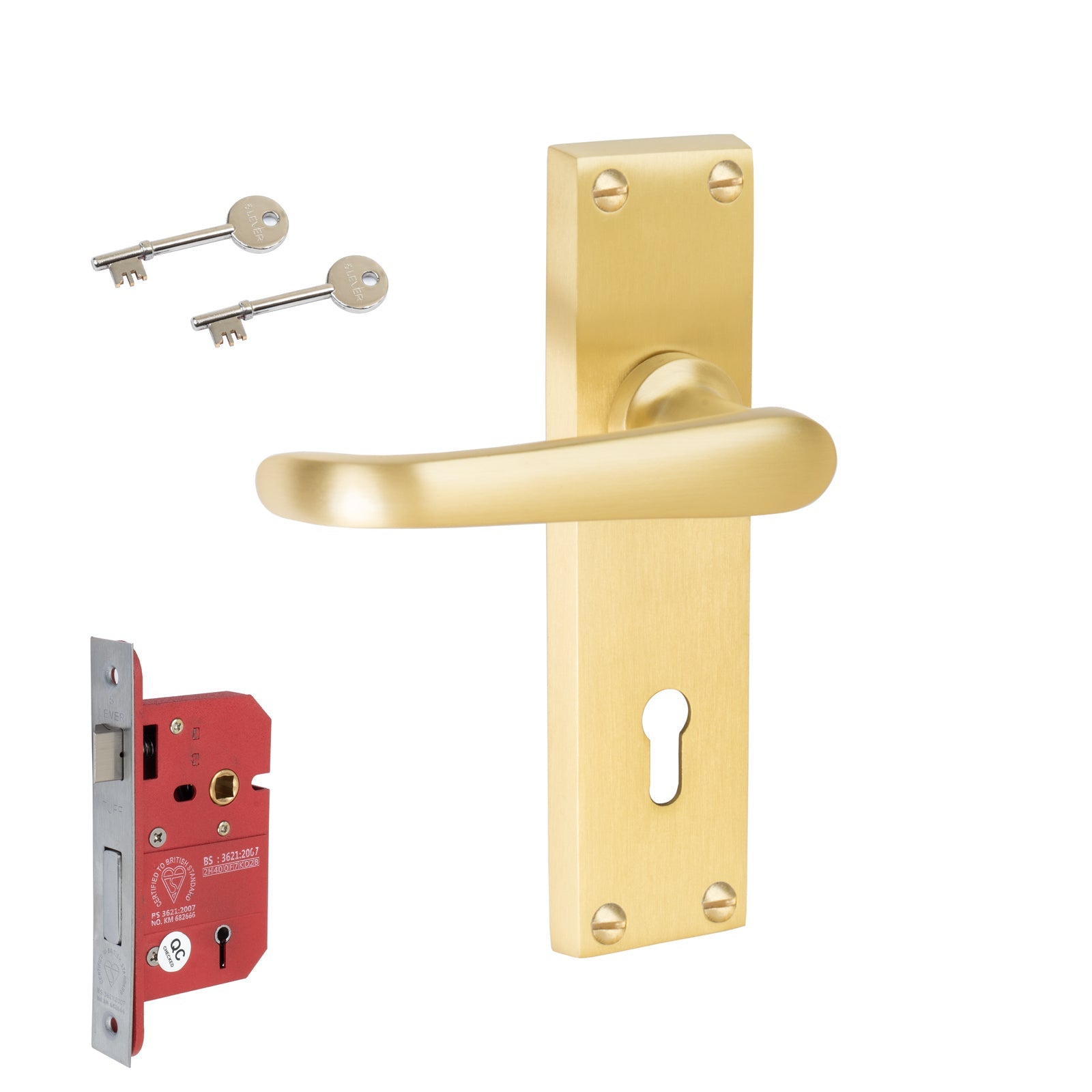 Windsor Door Handles On Plate 5 Lever Lock Handle Set in Satin Brass