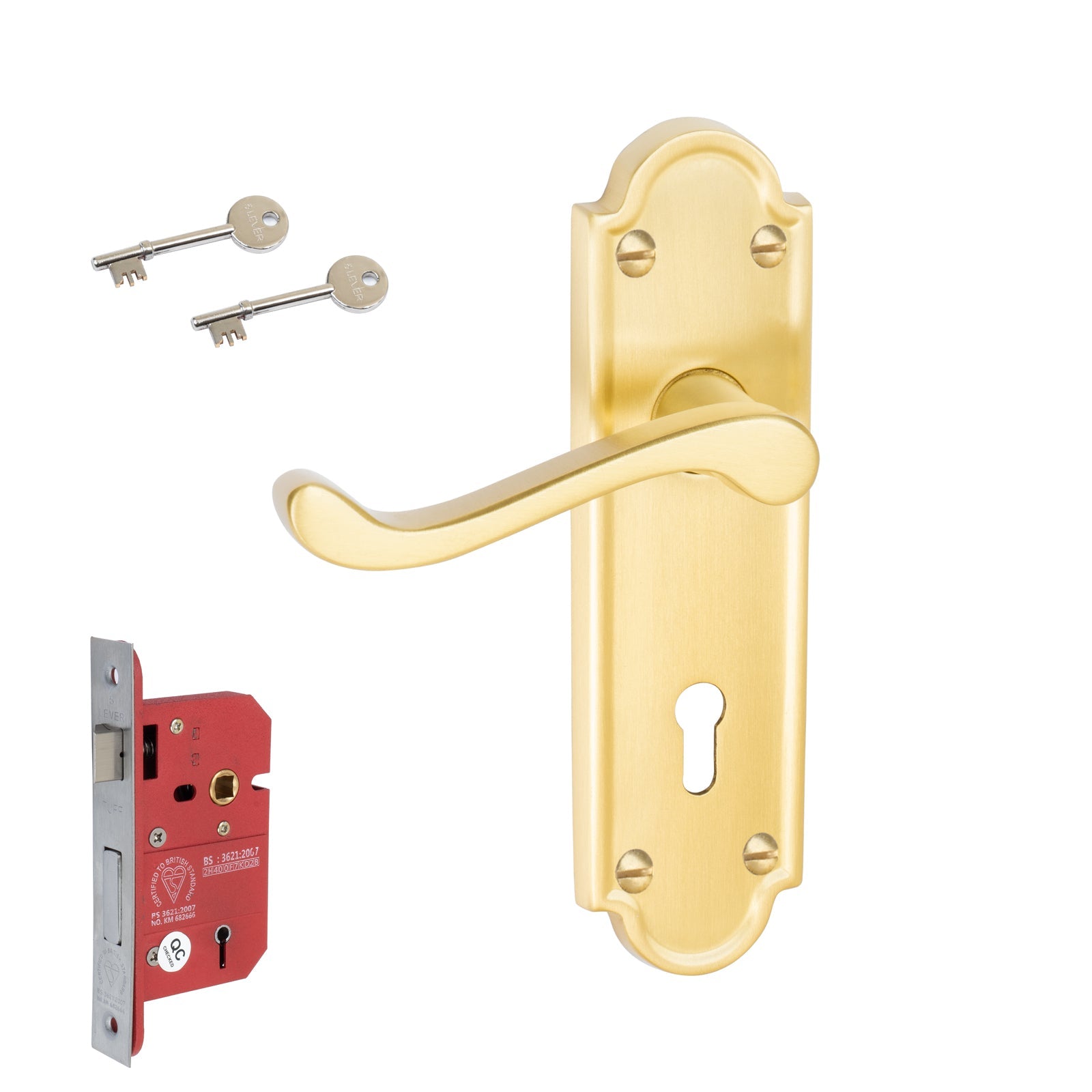 Meridian Door Handles On Plate 5 Lever Lock Handle Set in Satin Brass