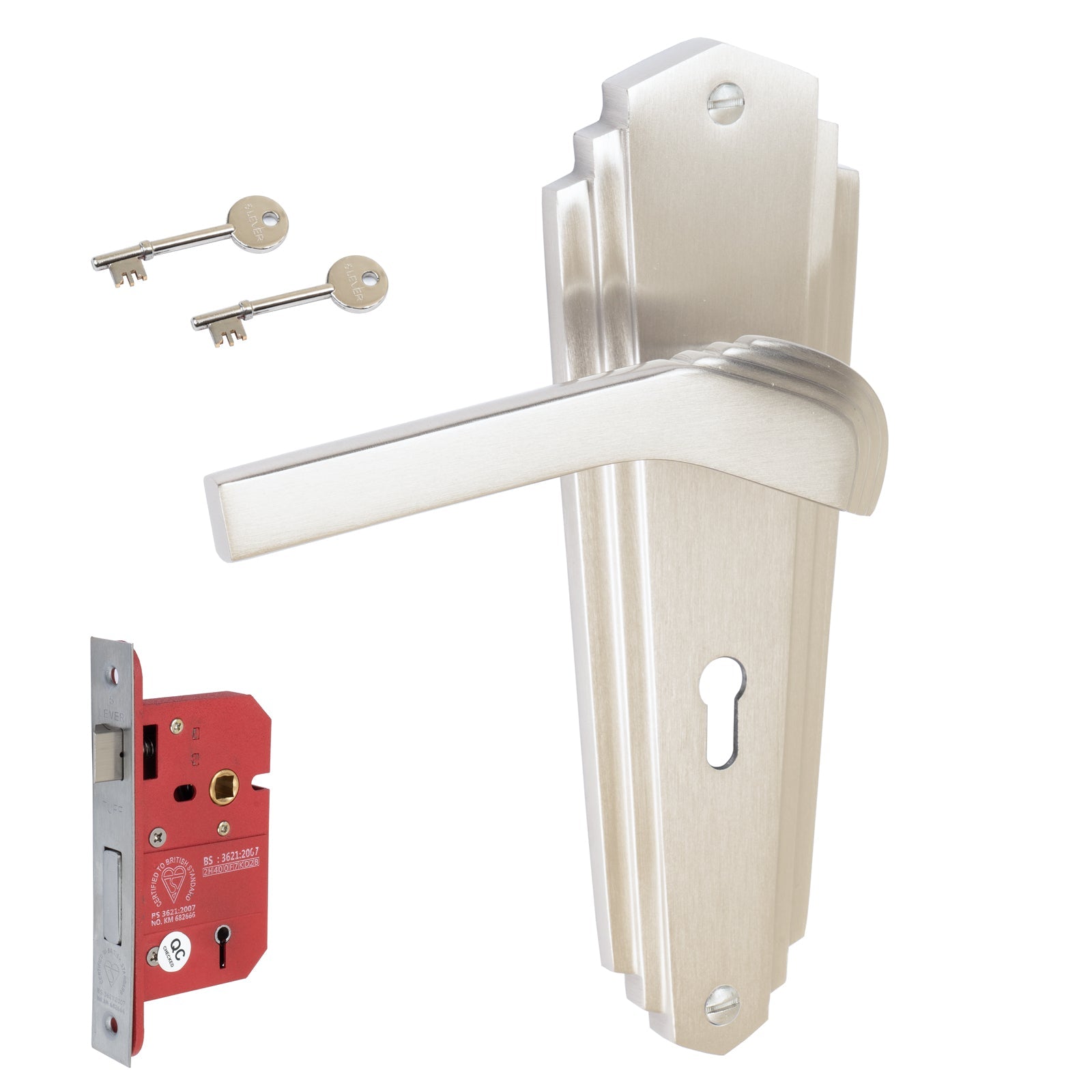 Waldorf Door Handles On Plate 5 Lever Lock Handle Set in Satin Nickel