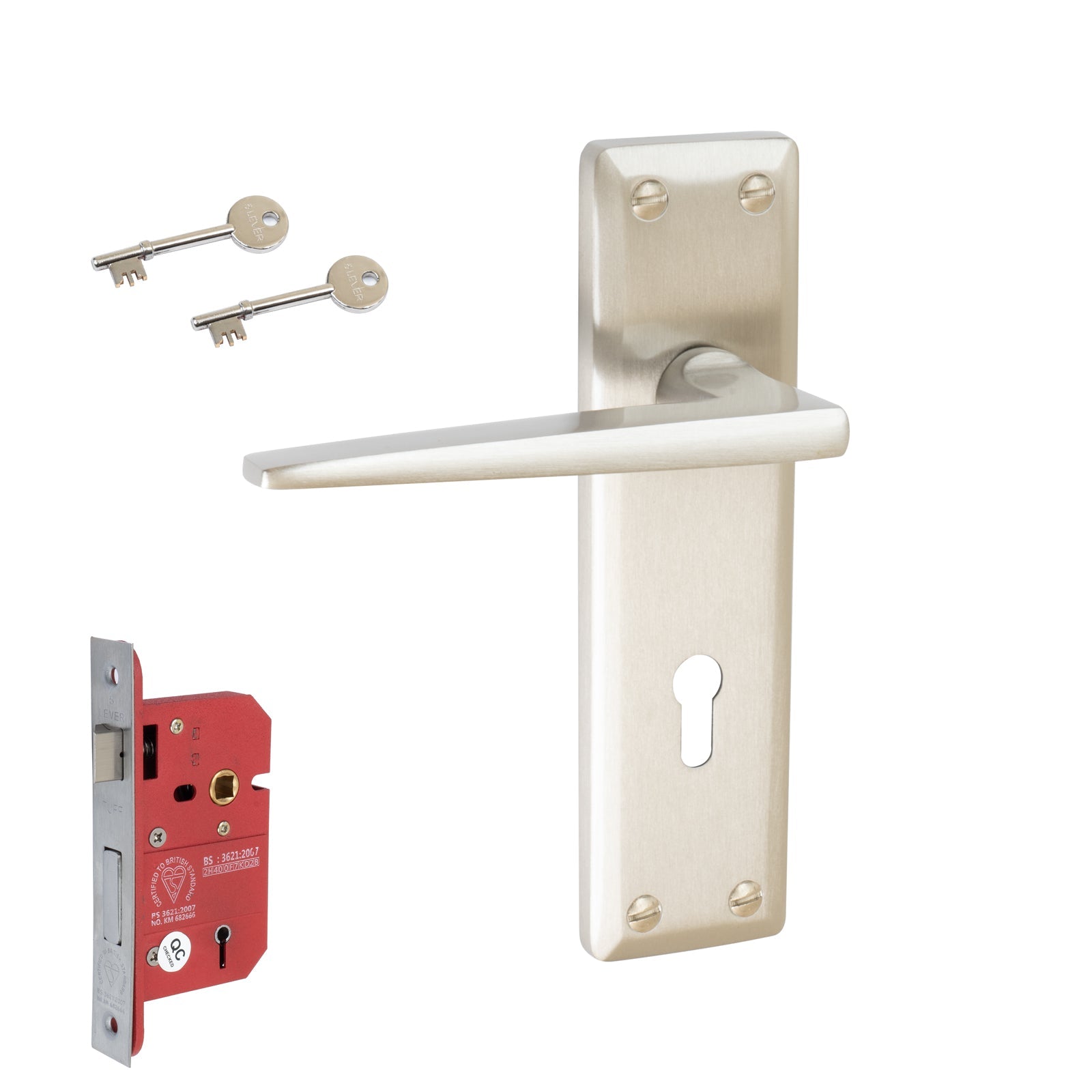 Kendal Door Handles On Plate 5 Lever Lock Handle Set in Satin Nickel
