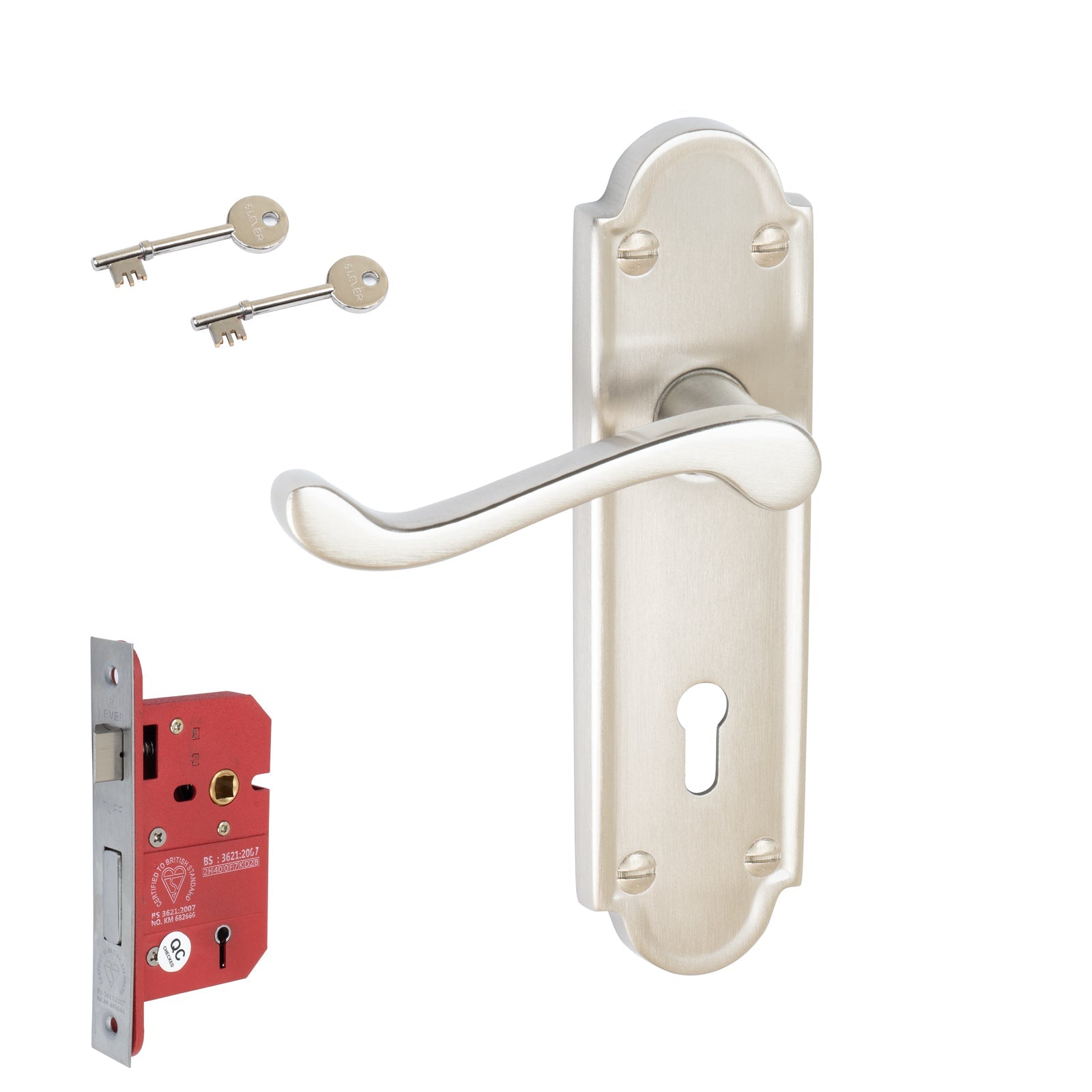 Meridian Door Handles On Plate 5 Lever Lock Handle Set in Satin Nickel