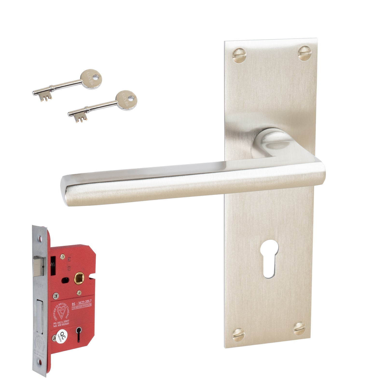 Trident Door Handles On Plate 5 Lever Lock Handle Set in Satin Nickel