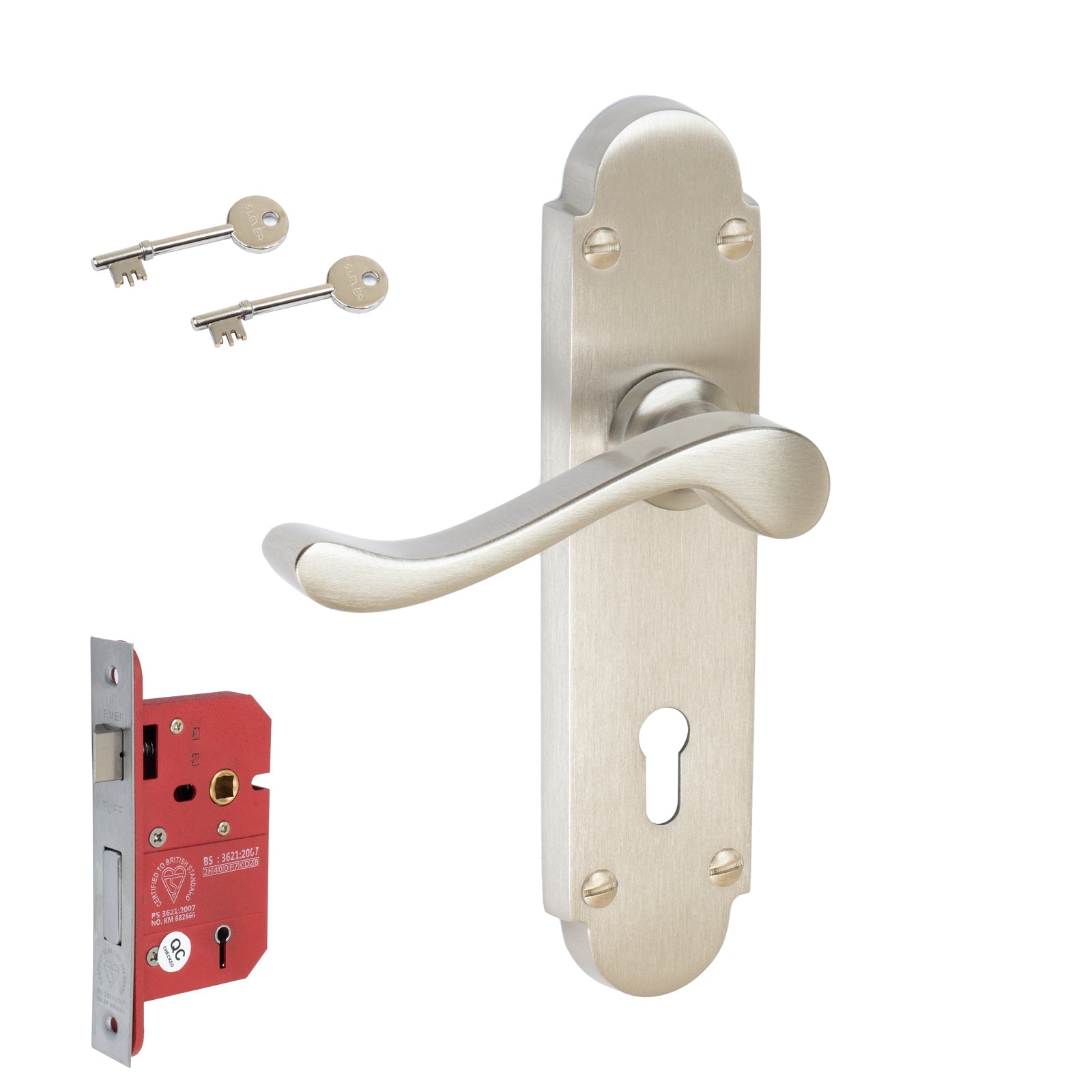 Savoy Door Handles On Plate 5 Lever Lock Handle Set in Satin Nickel