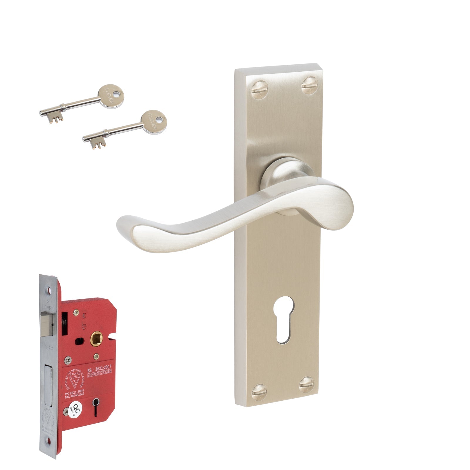 Bedford Door Handles On Plate 5 Lever Lock Handle Set in Satin Nickel