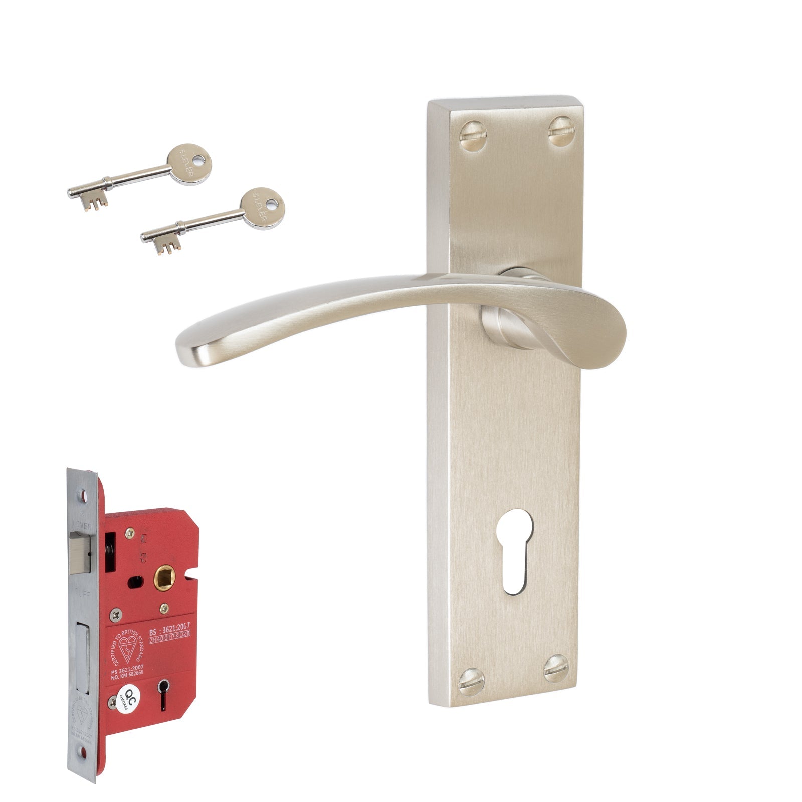 Sophia Door Handles On Plate 5 Lever Lock Handle Set in Satin Nickel