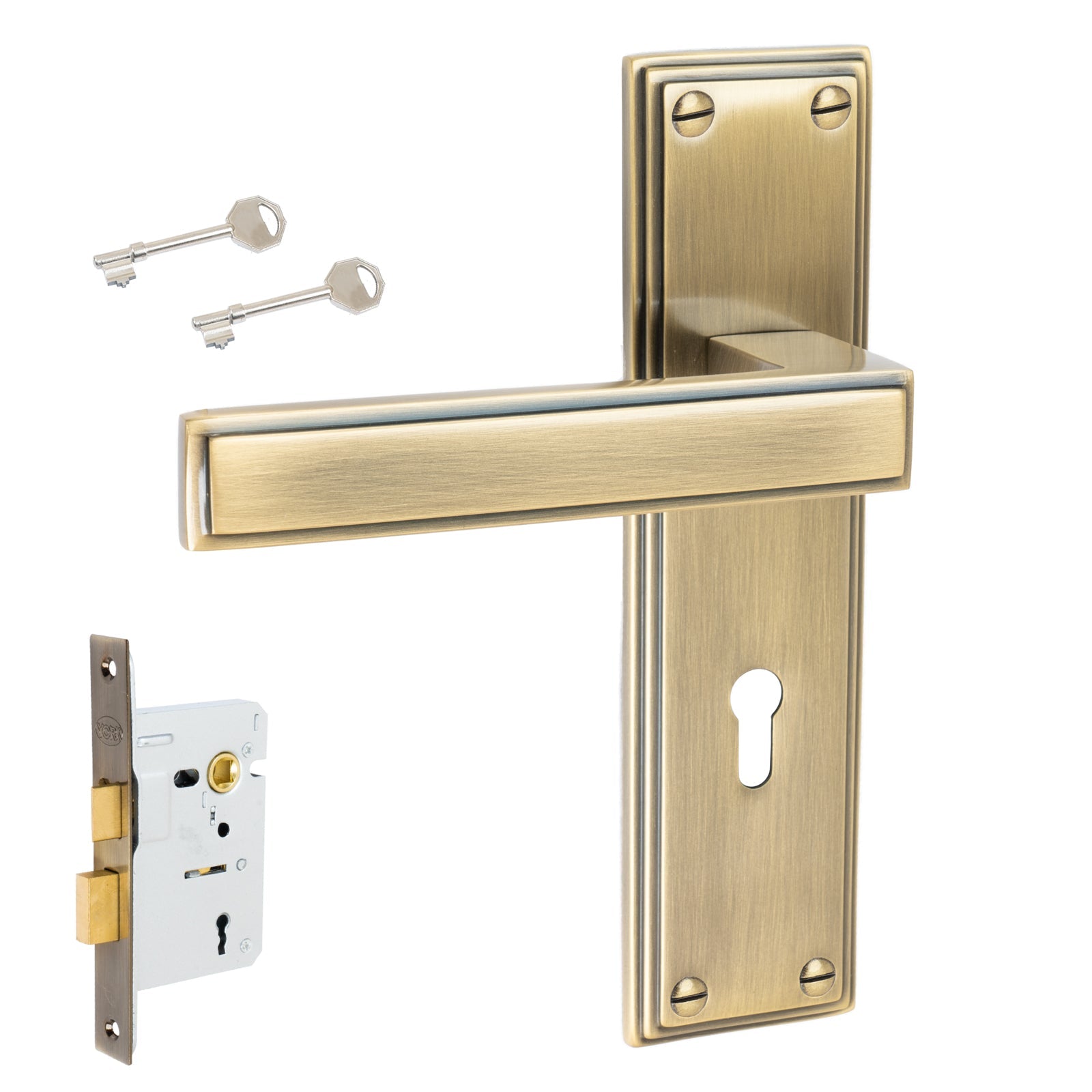 Atlantis Door Handles On Plate Lock Handle Set in Aged Brass