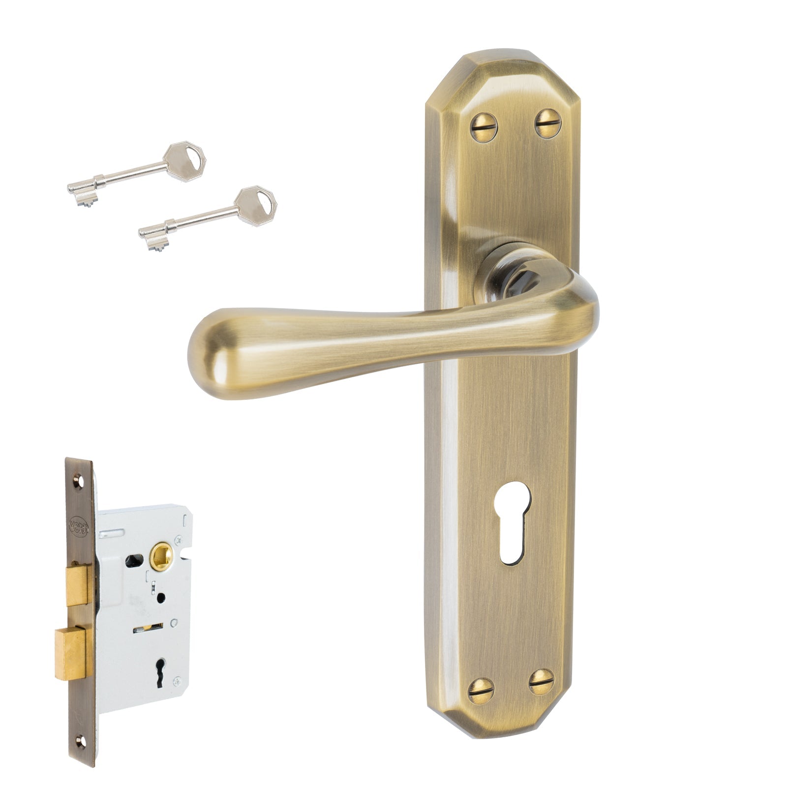 Charlbury Door Handles On Plate Lock Handle Set in Aged Brass