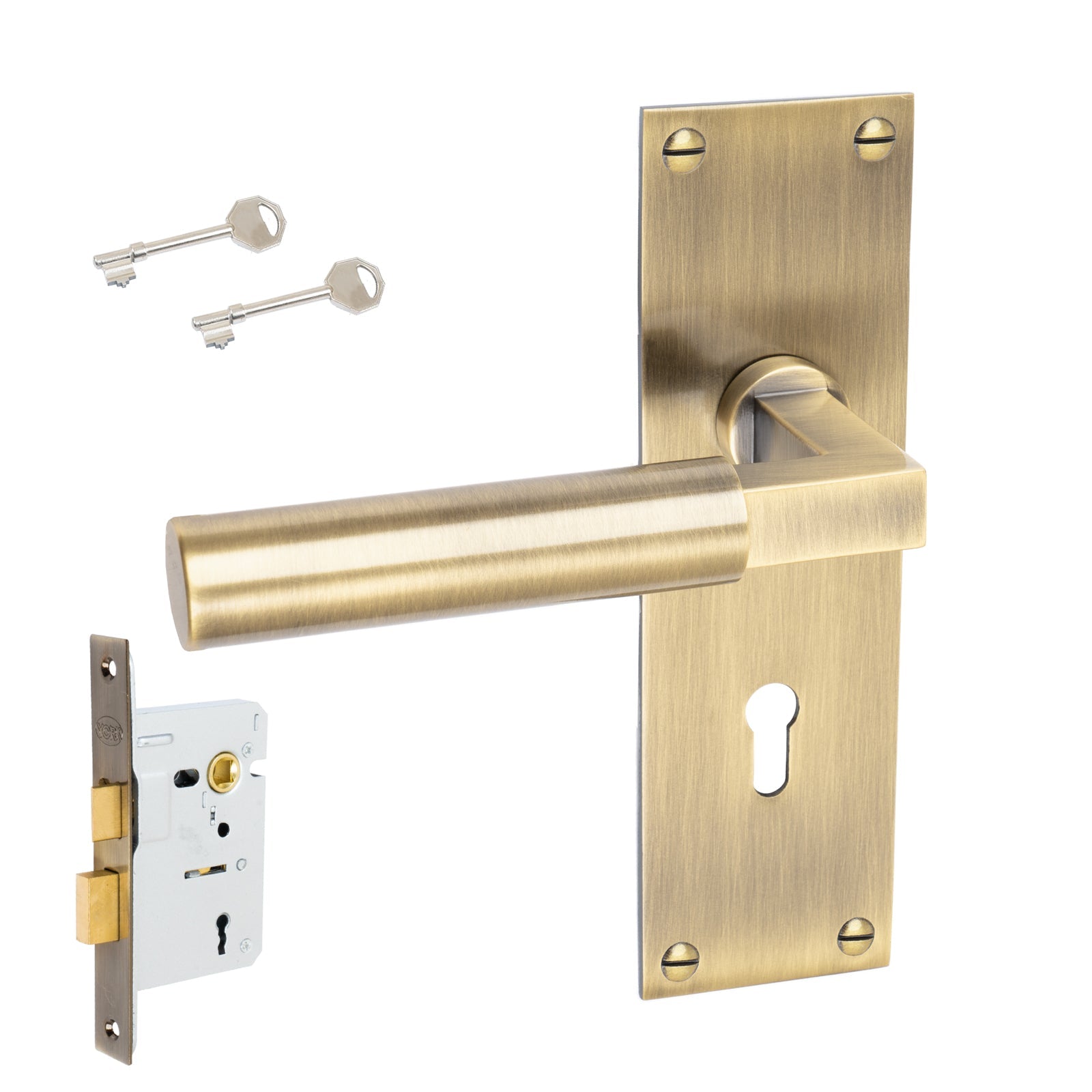 Bauhaus Door Handles On Plate Lock Handle Set in Aged Brass