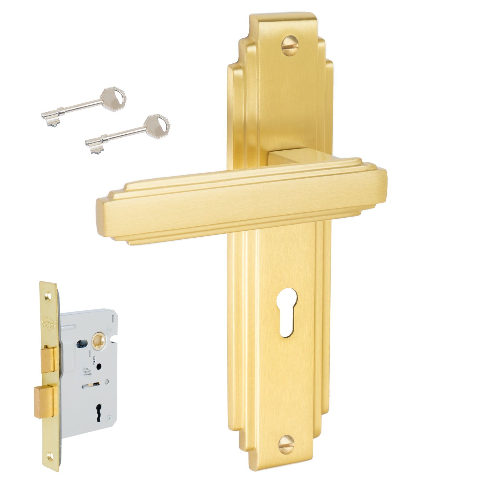 Astoria Door Handles On Plate Lock Handle Set in Satin Brass