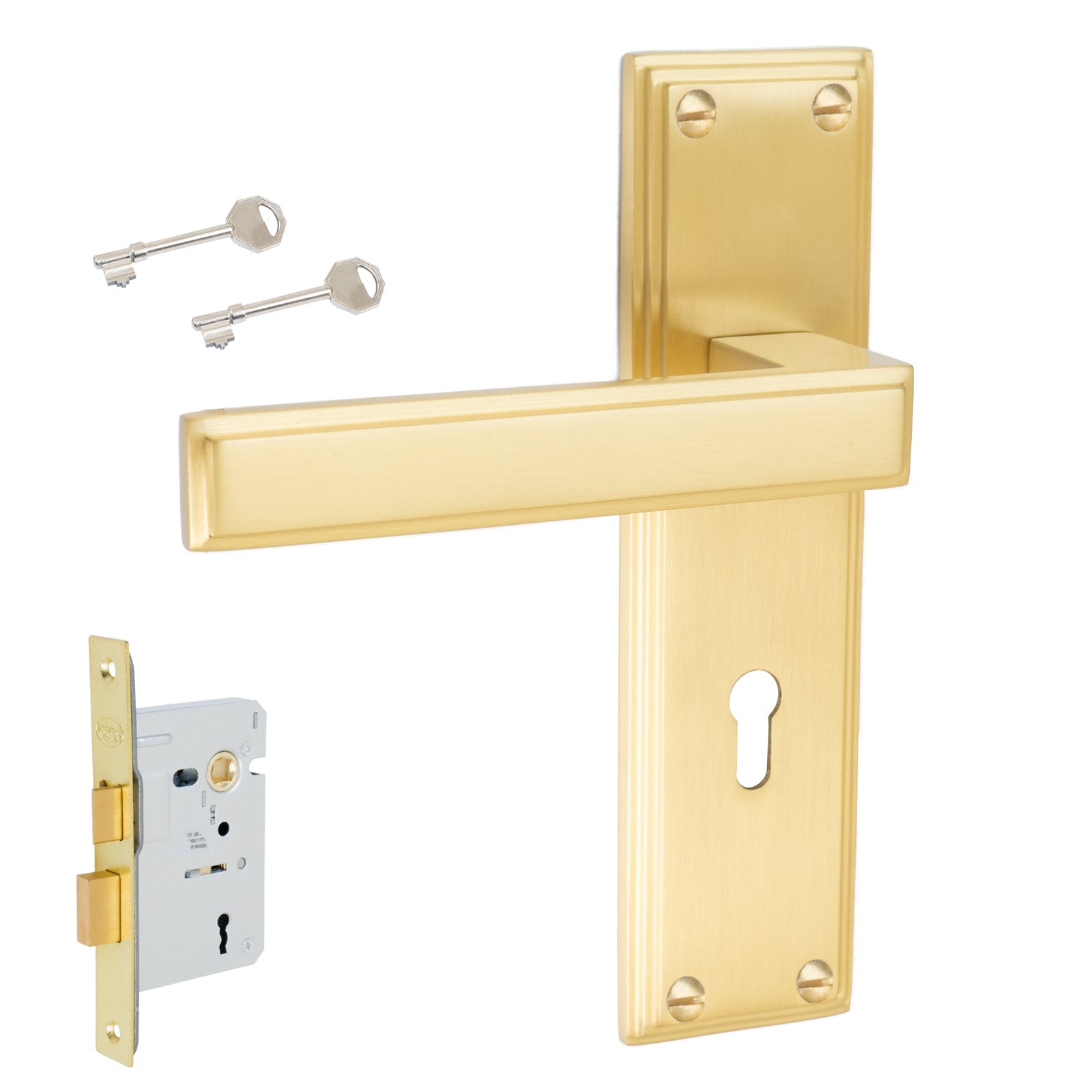 Atlantis Door Handles On Plate Lock Handle Set in Satin Brass