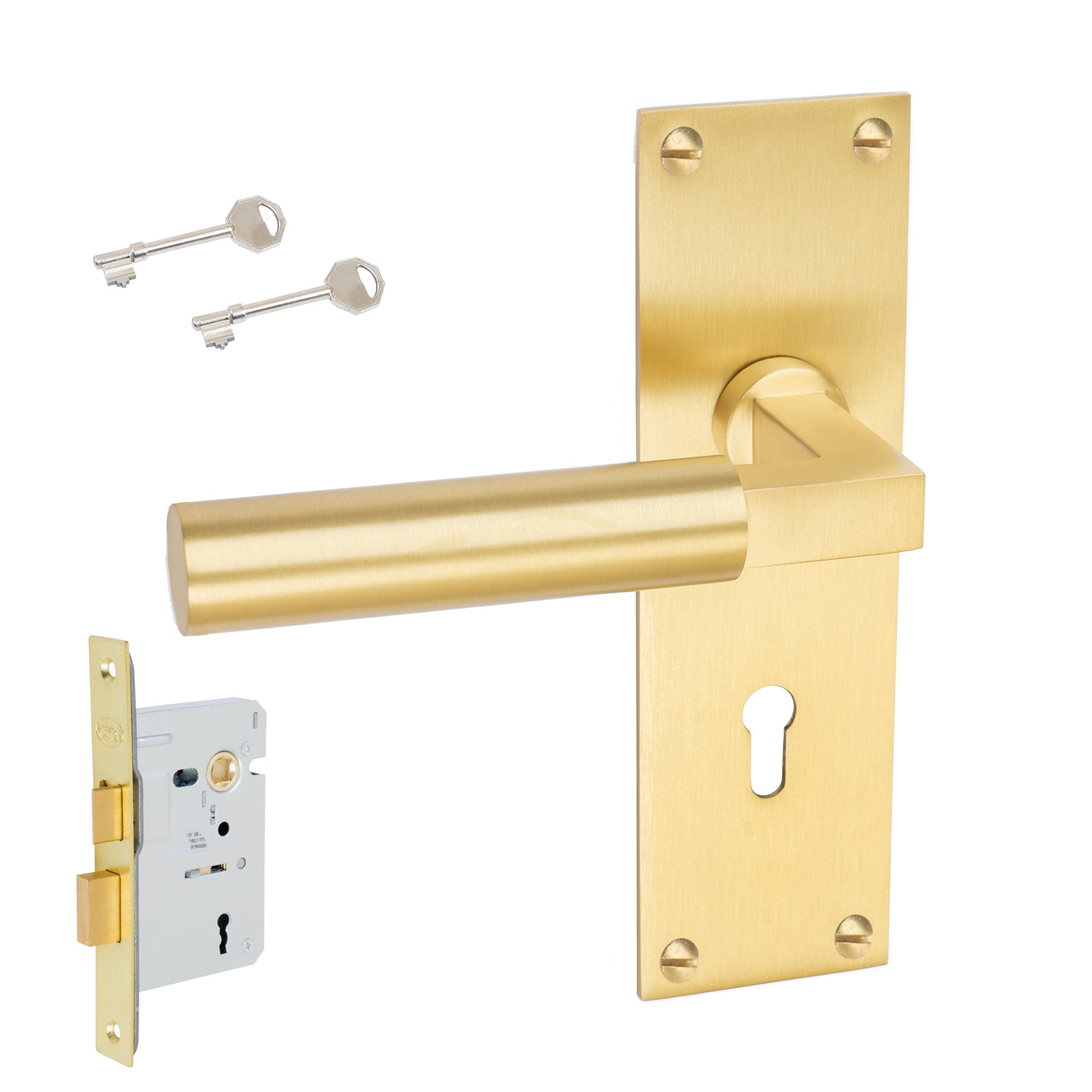 Bauhaus Door Handles On Plate Lock Handle Set in Satin Brass