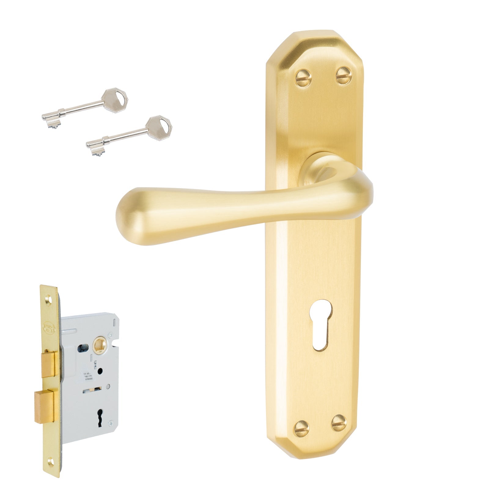 Charlbury Door Handles On Plate Lock Handle Set in Satin Brass