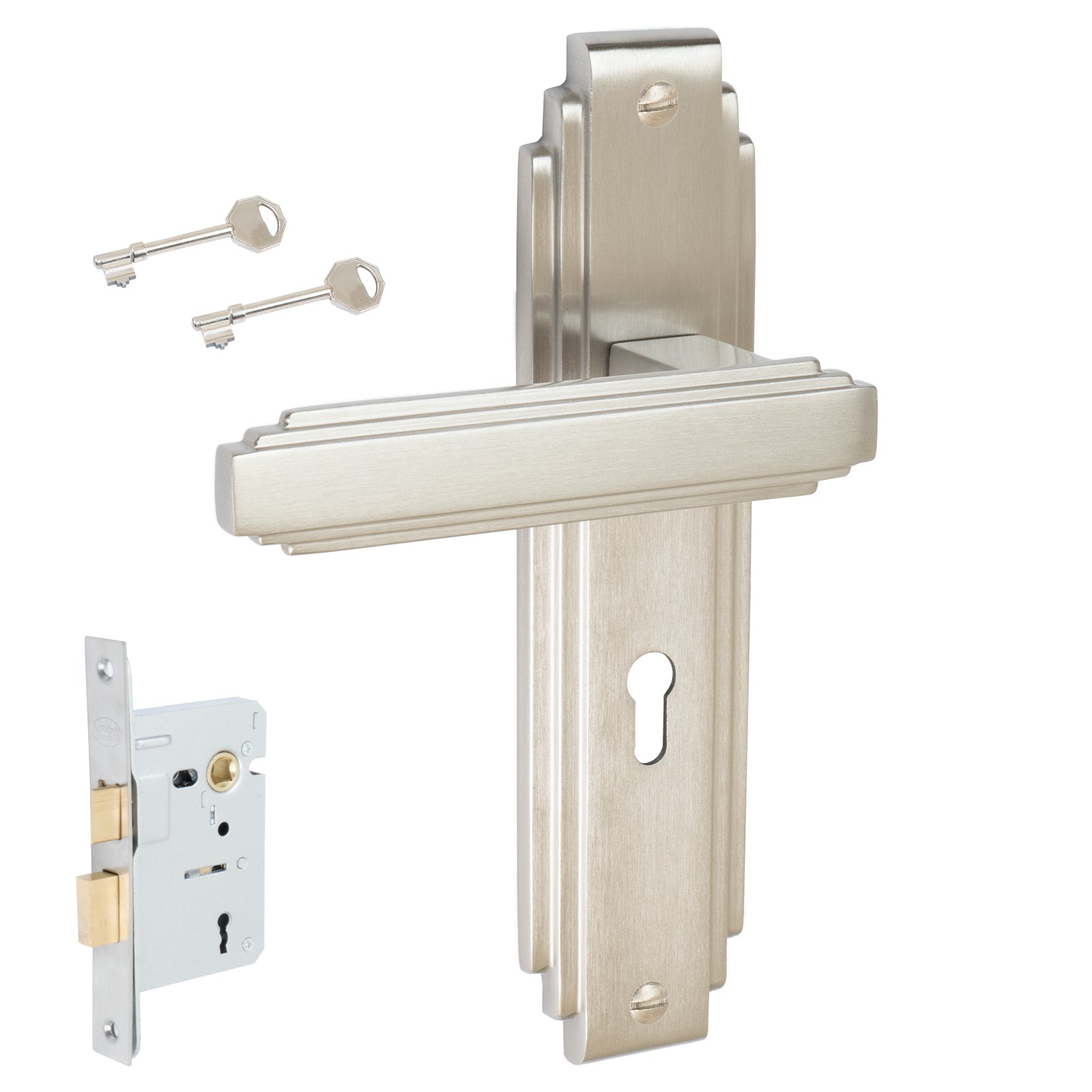 Astoria Door Handles On Plate Lock Handle Set in Satin Nickel 