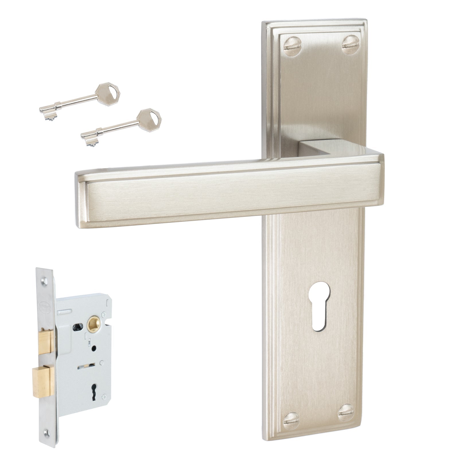 Atlantis Door Handles On Plate Lock Handle Set in Satin Nickel