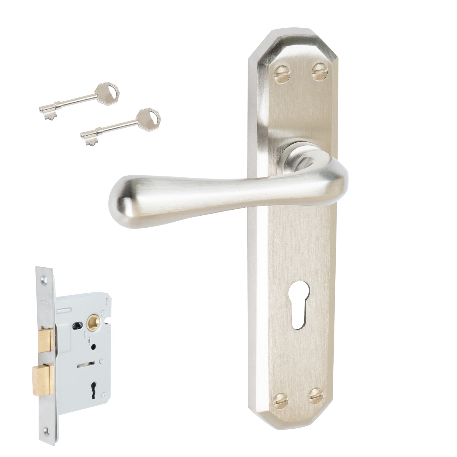 Charlbury Door Handles On Plate Lock Handle Set in Satin Nickel