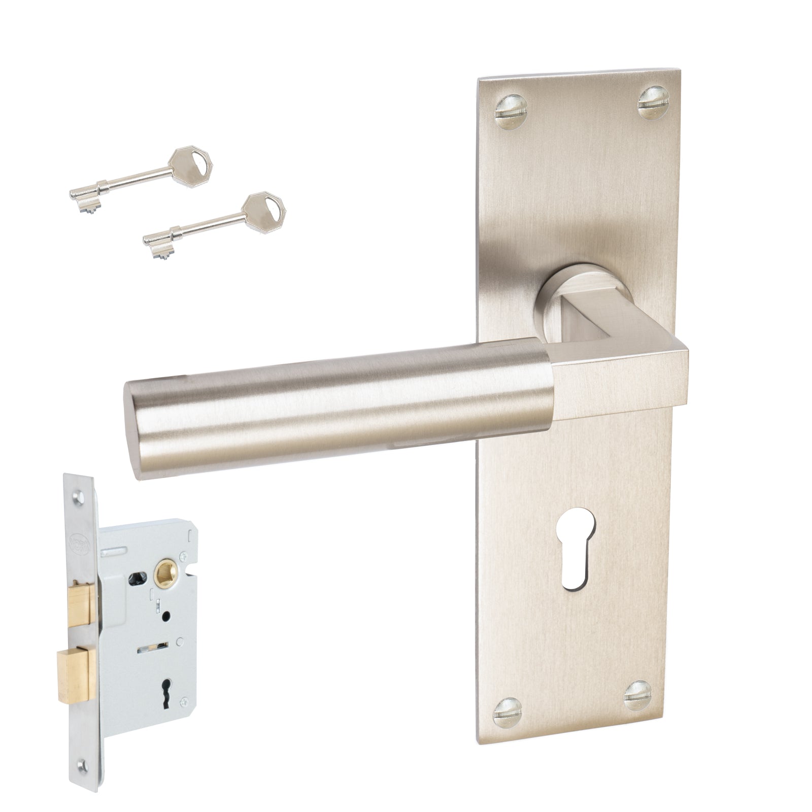 Bauhaus Door Handles On Plate Lock Handle Set in Satin Nickel