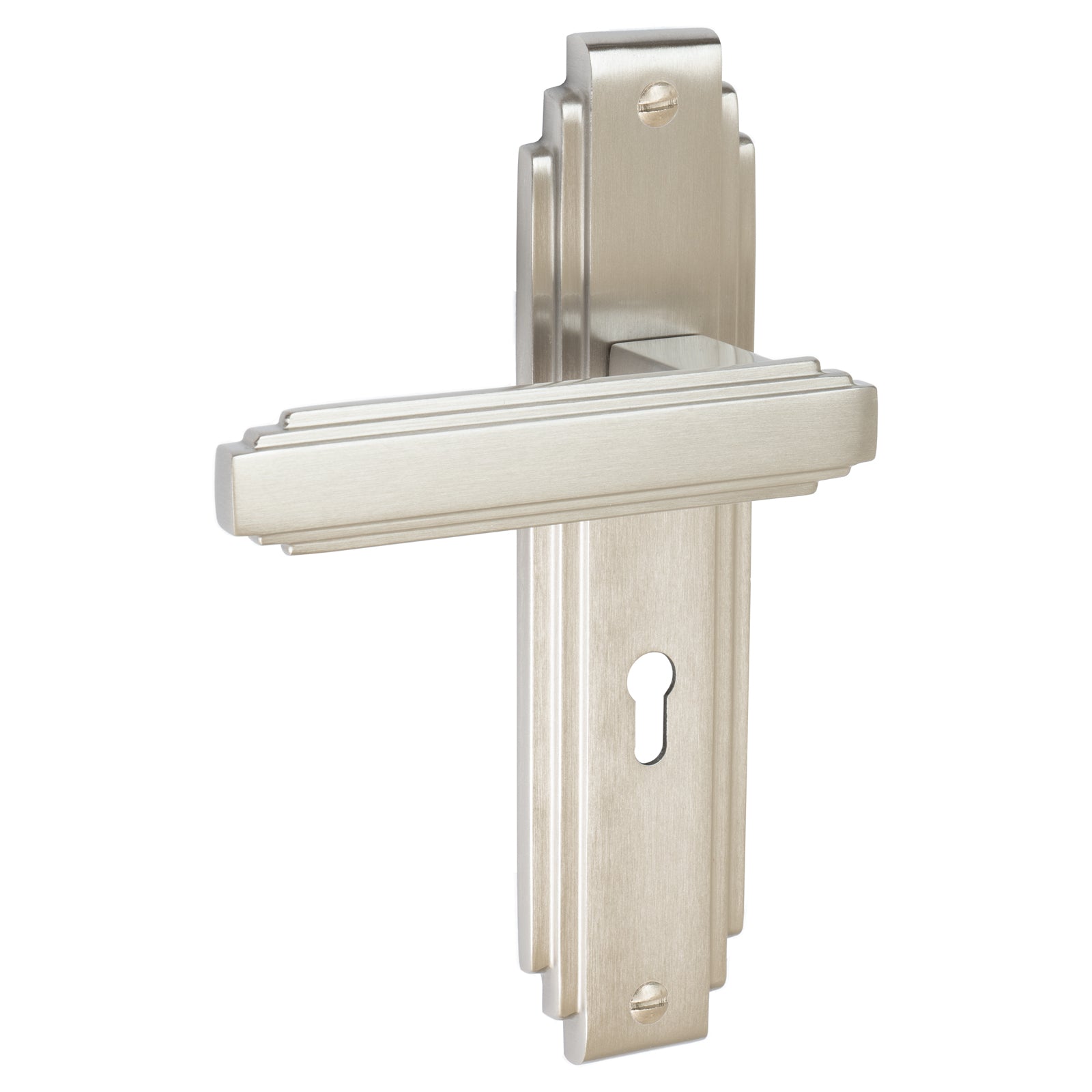 Astoria Door Handles On Plate Lock Handle in Satin Nickel