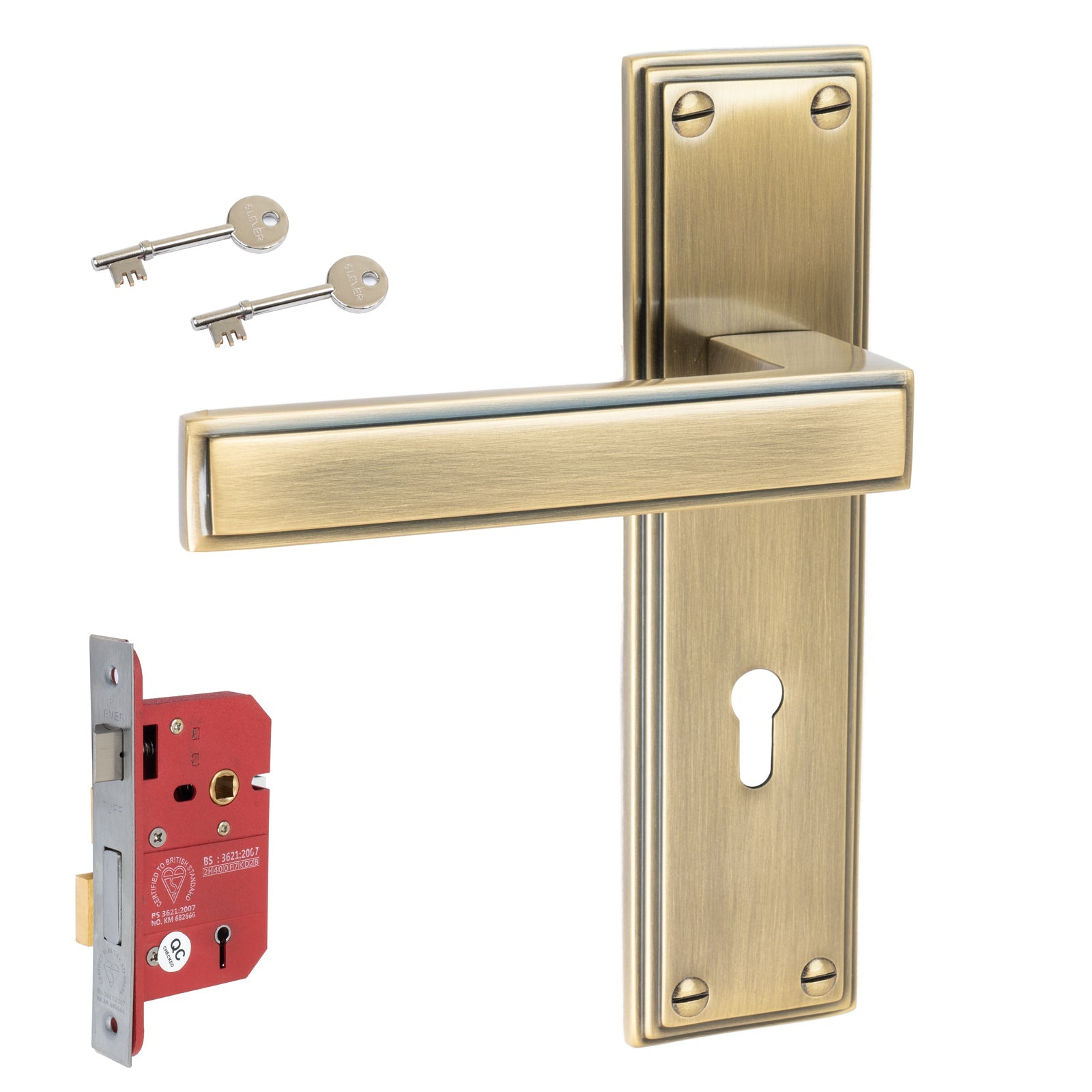 Atlantis Door Handles On Plate 5 Lever Lock Handle Set in Aged Brass