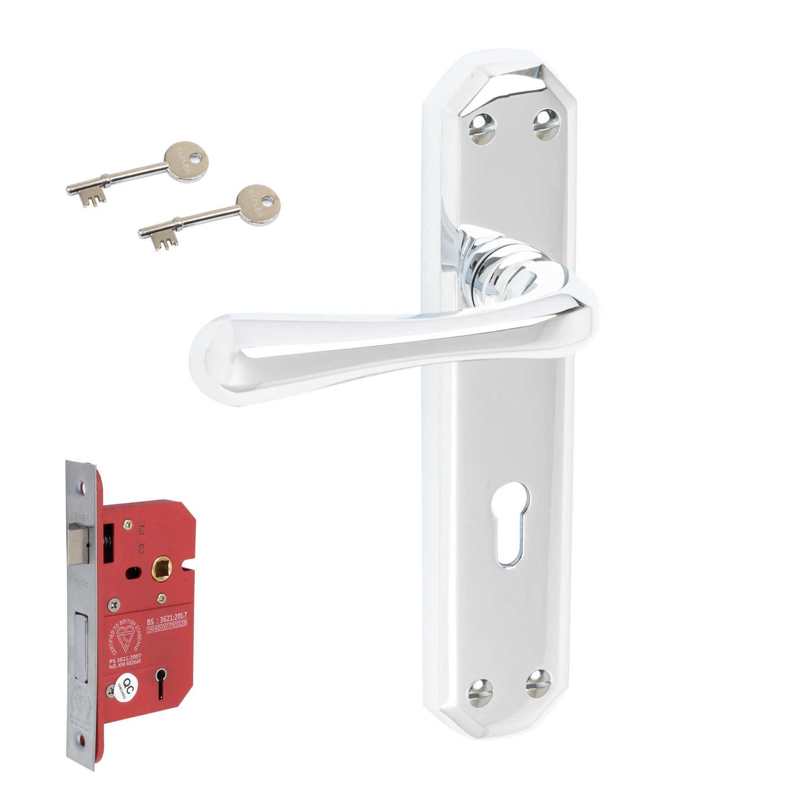 Charlbury Door Handles On Plate 5 Lever Lock Handle Set in Polished Chrome