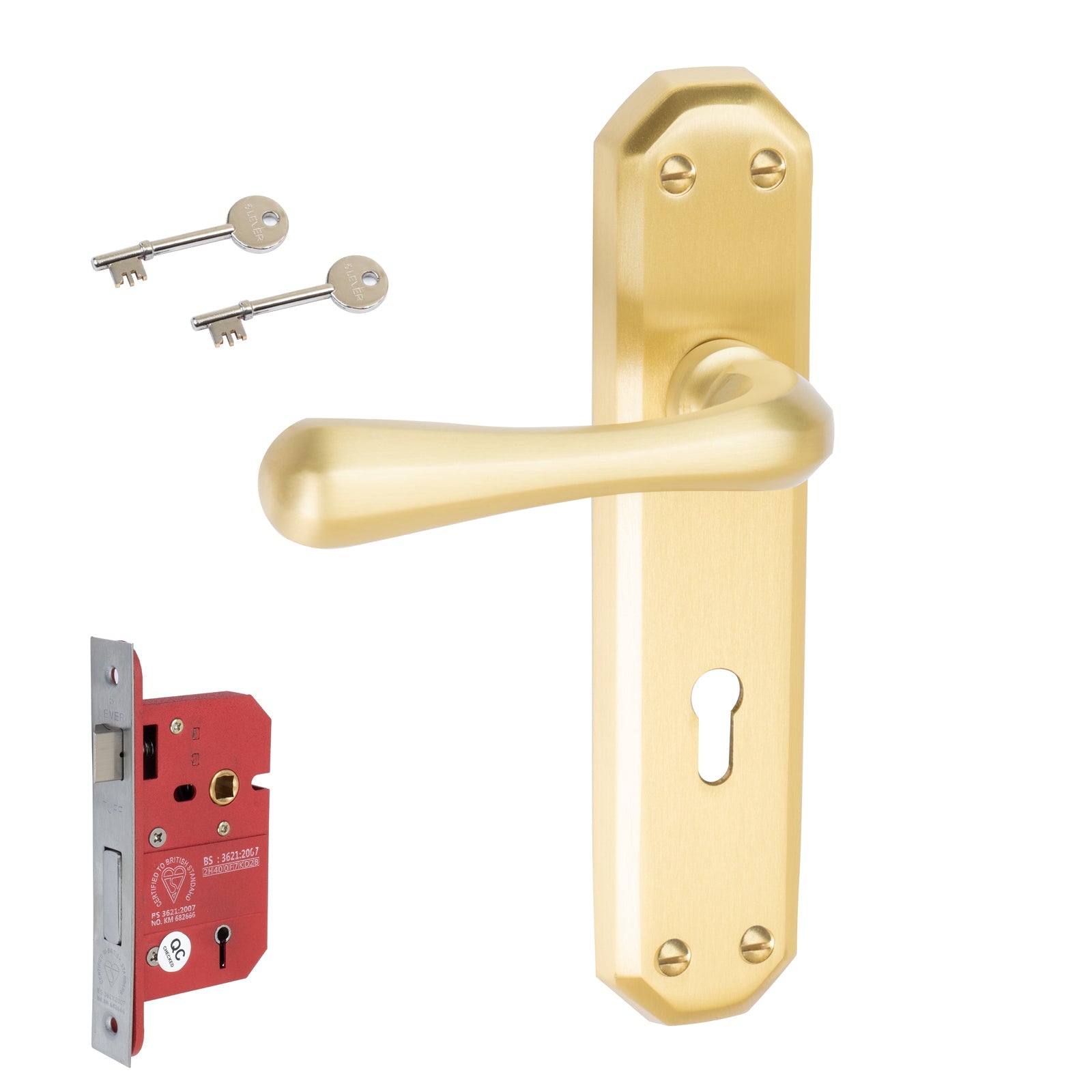 Charlbury Door Handles On Plate 5 Lever Lock Handle Set in Satin Brass