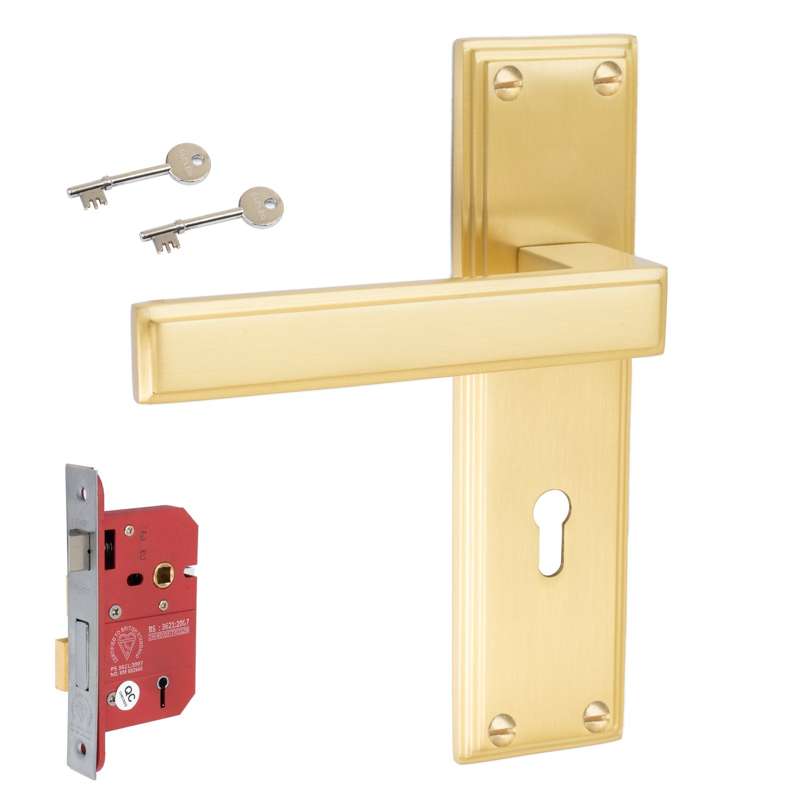 Atlantis Door Handles On Plate 5 Lever Lock Handle Set in Satin Brass