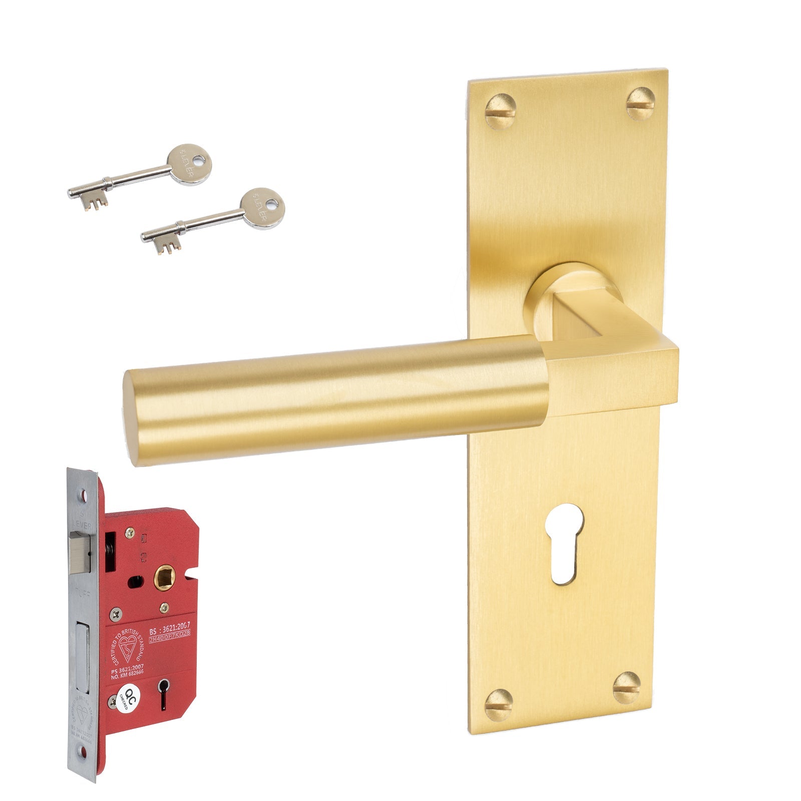 Bauhaus Door Handles On Plate 5 Lever Lock Handle Set in Satin Brass