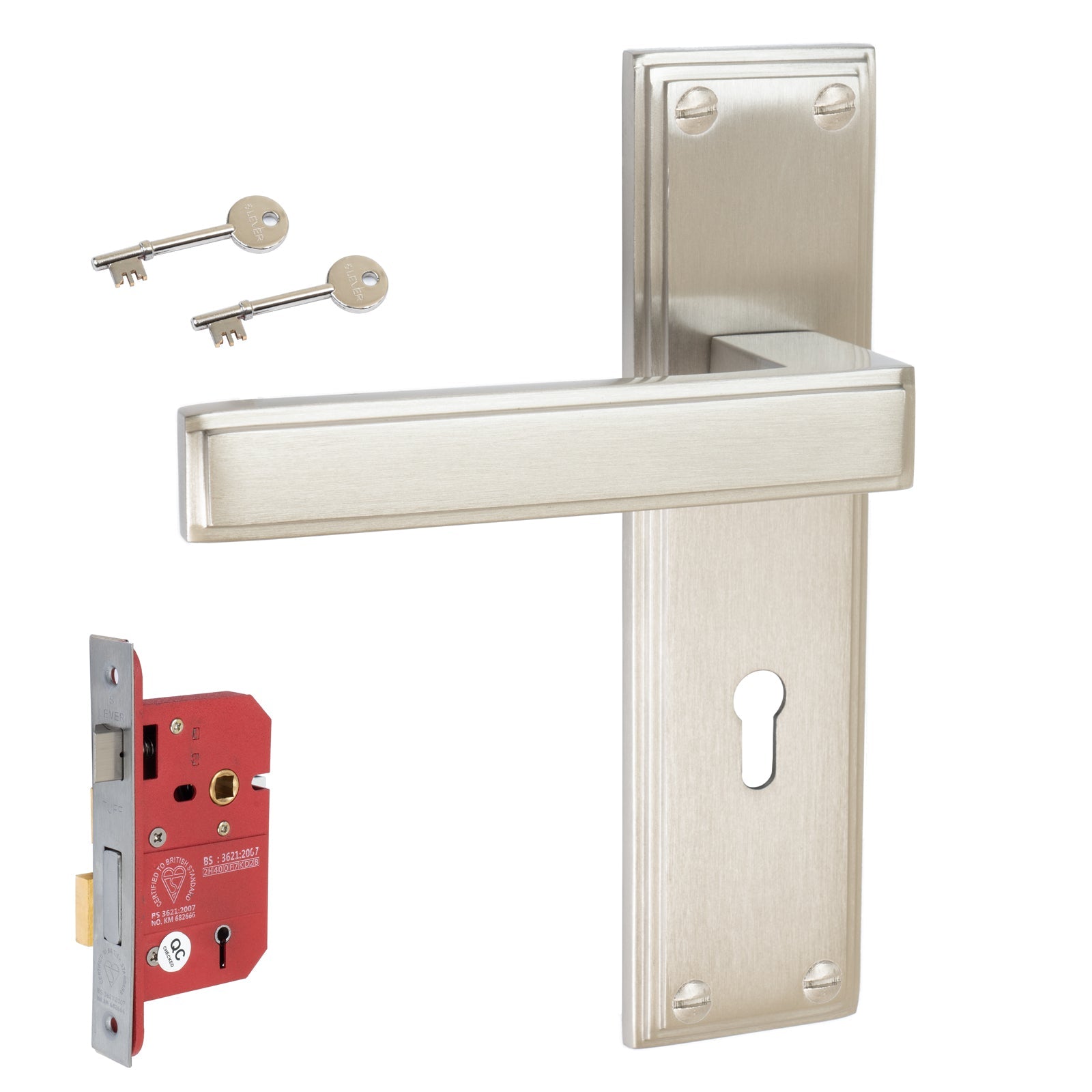 Atlantis Door Handles On Plate 5 Lever Lock Handle Set in Satin Nickel