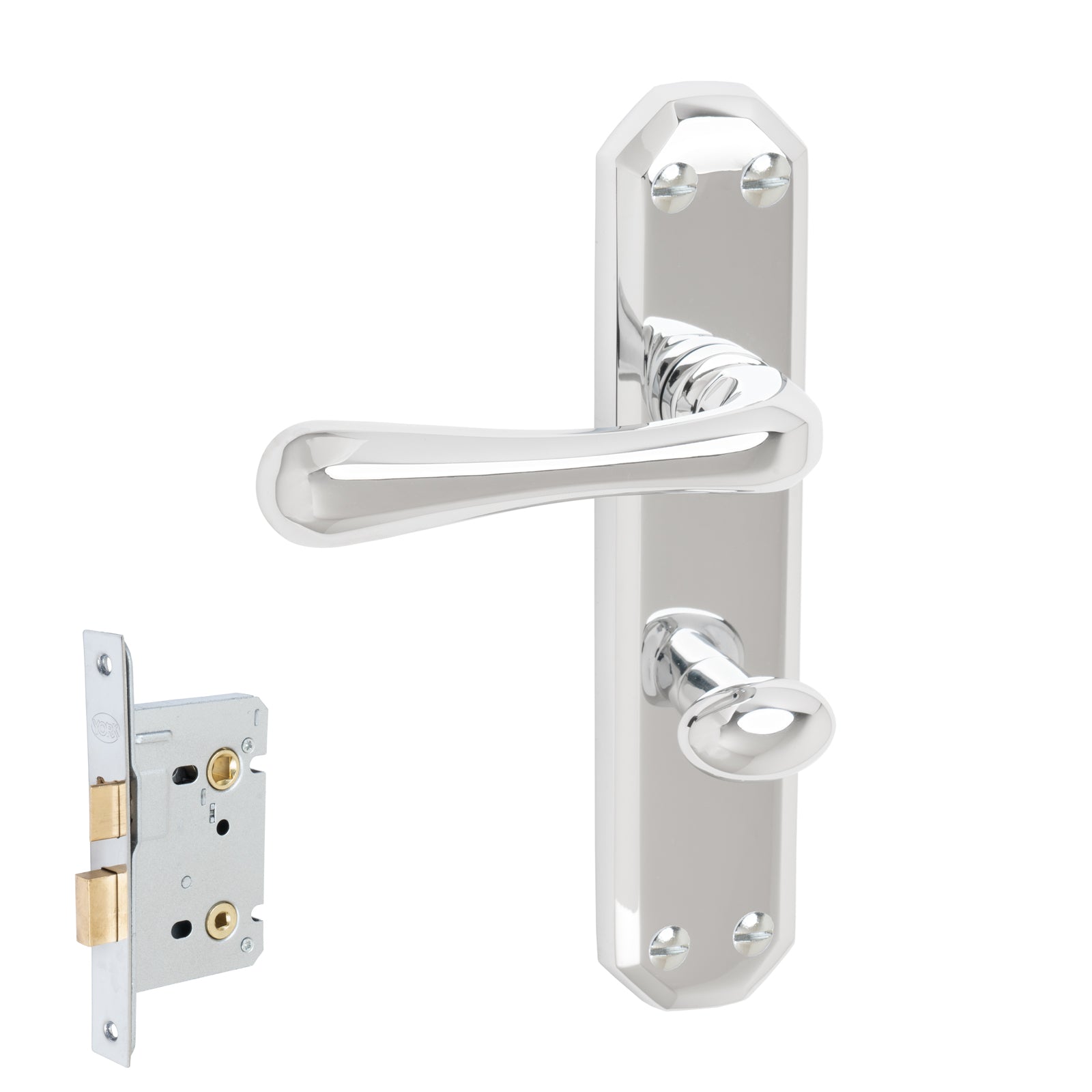 Charlbury Door Handles On Plate Bathroom Handle Set in Polished Chrome