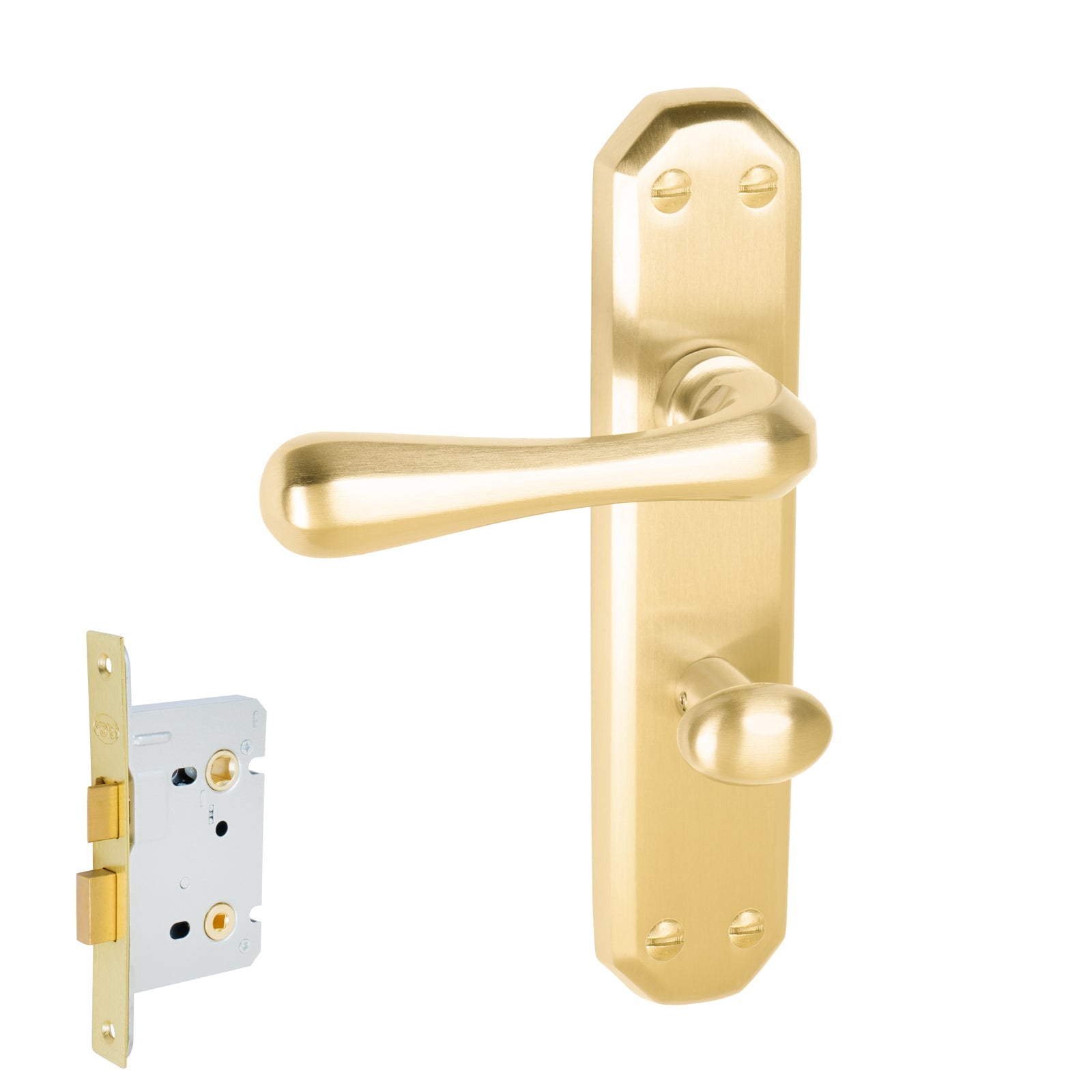 Charlbury Door Handles On Plate Bathroom Handle Set in Satin Brass